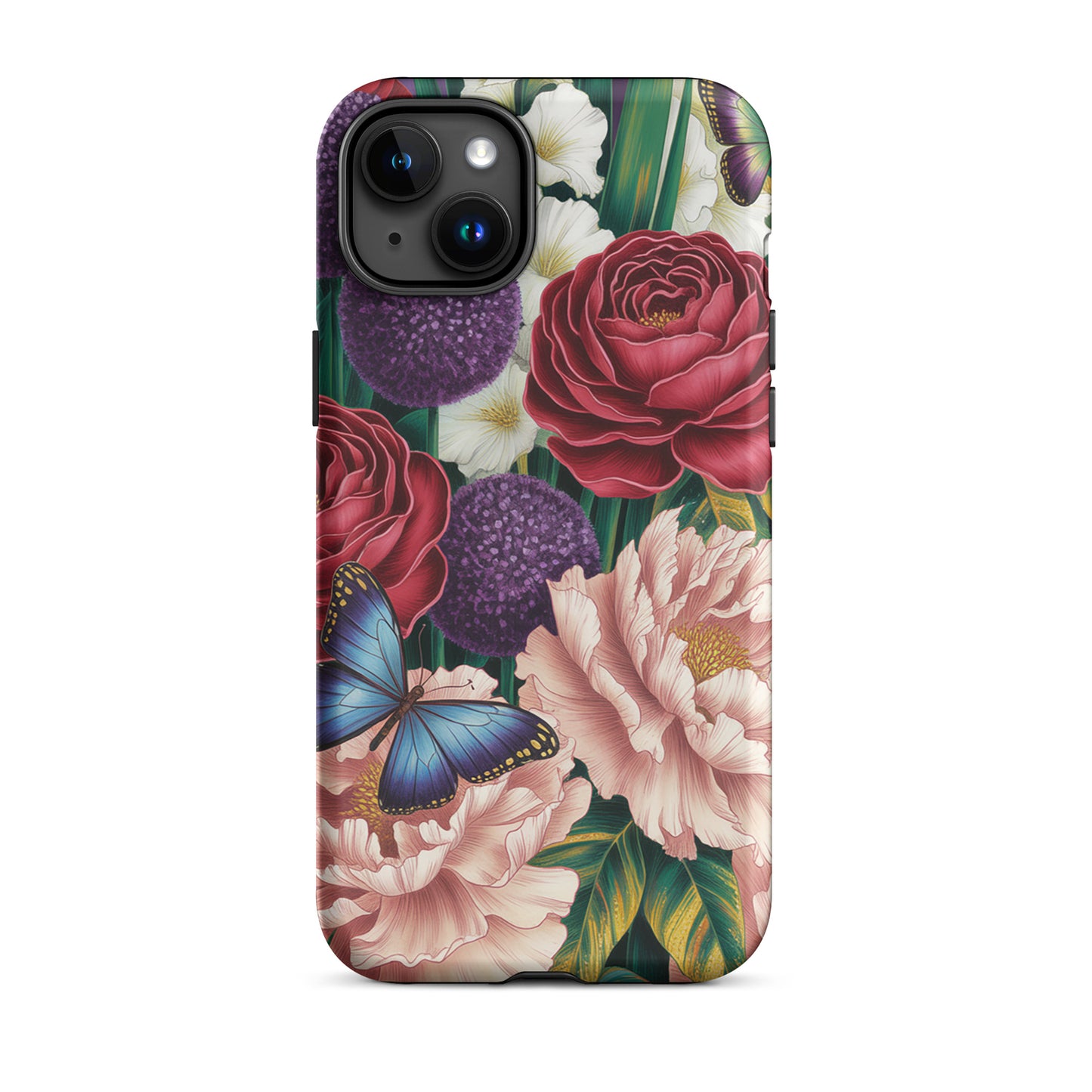 Phone Case for iPhone: Botanical design with roses, peonies, purple alliums, and blue butterflies on a lush background.