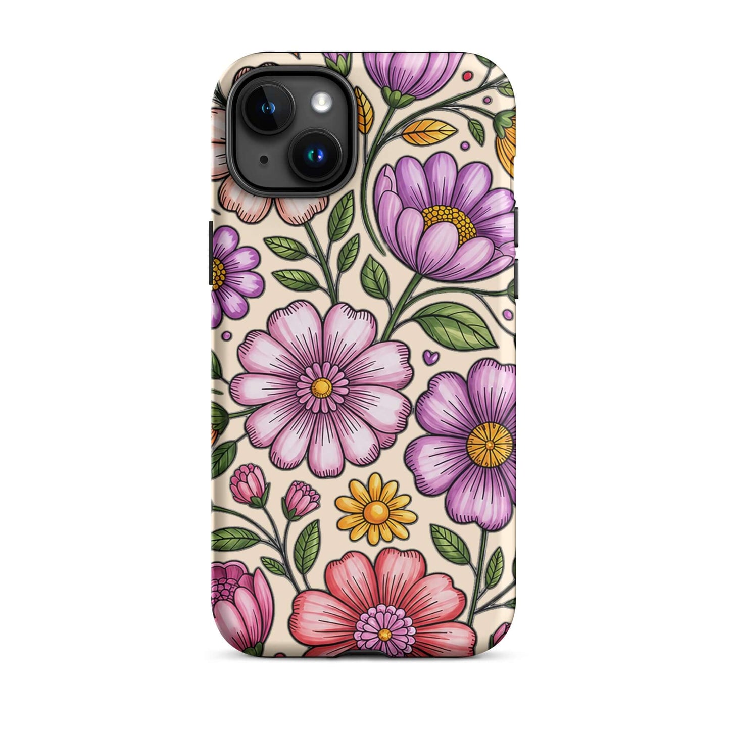 Phone Case with pastel floral design, featuring pink and purple flowers, offering stylish protection for iPhone.