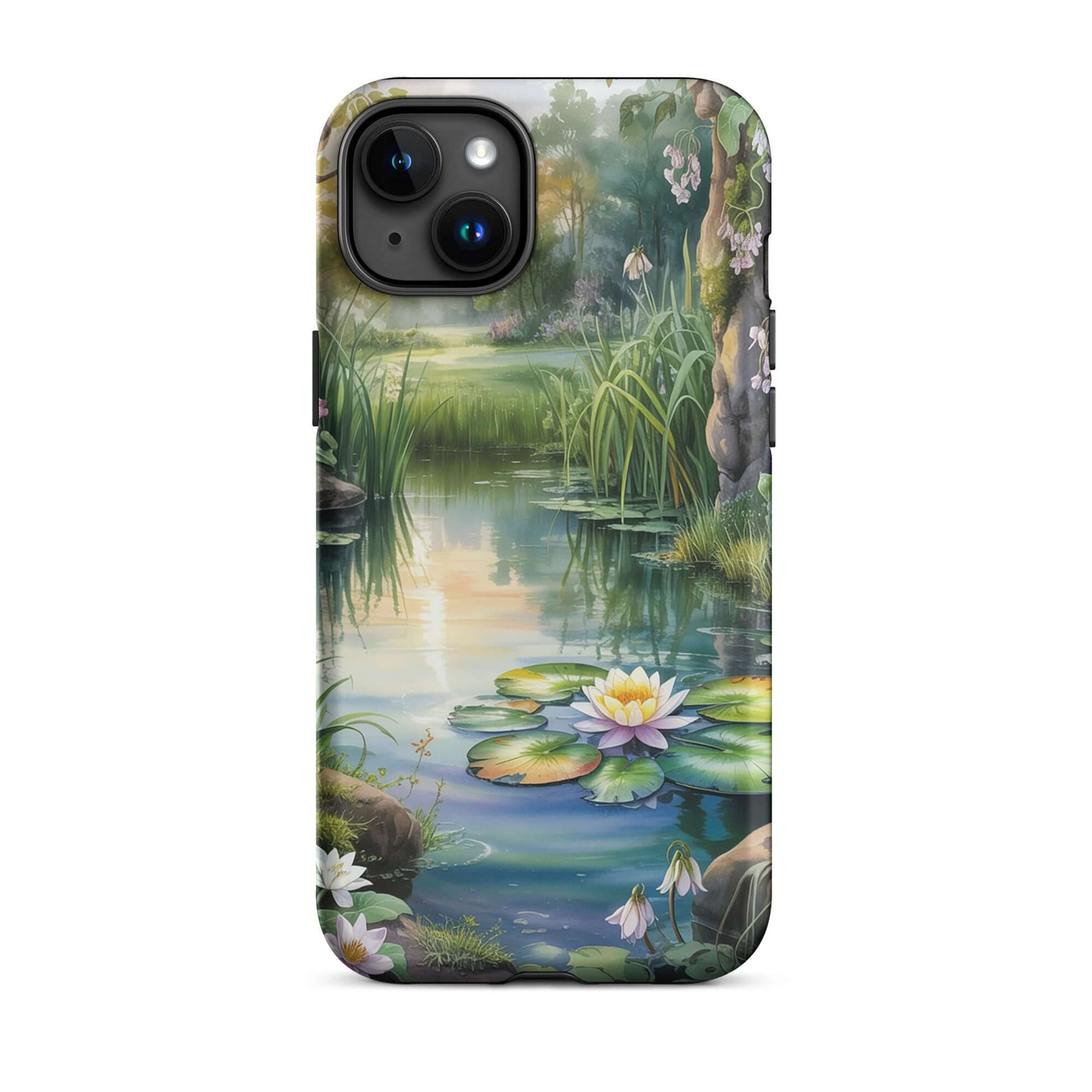 Phone Case for iPhone featuring enchanted pond with water lilies and sunset reflections.