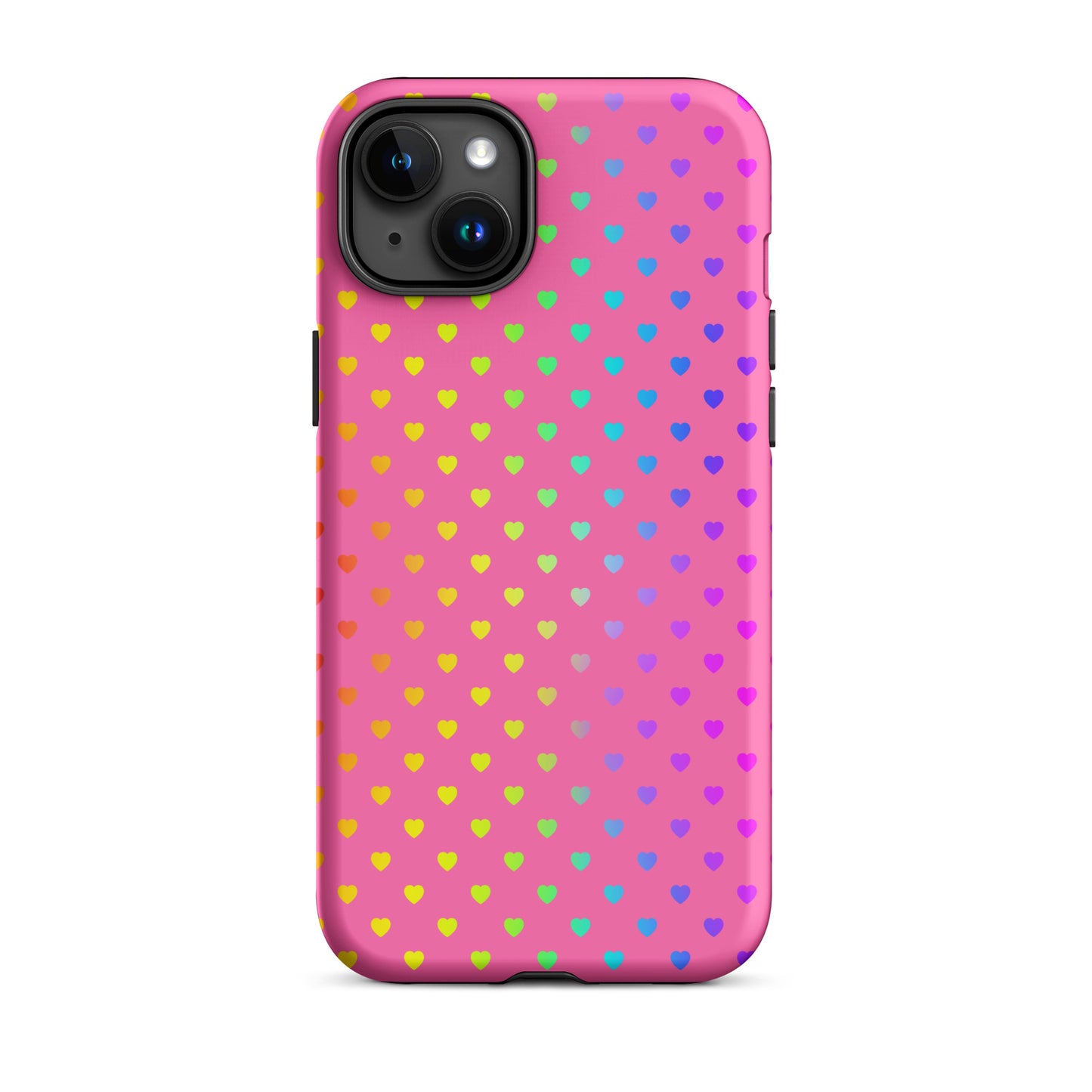 Phone Case for iPhone with pink background and rainbow heart design, combining style and protection in a playful, colorful theme.