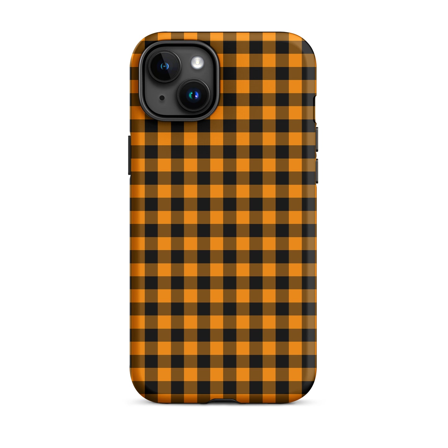 phone case with black-and-orange gingham autumn theme for iPhone, stylish and durable accessory showcasing upscale craftsmanship.