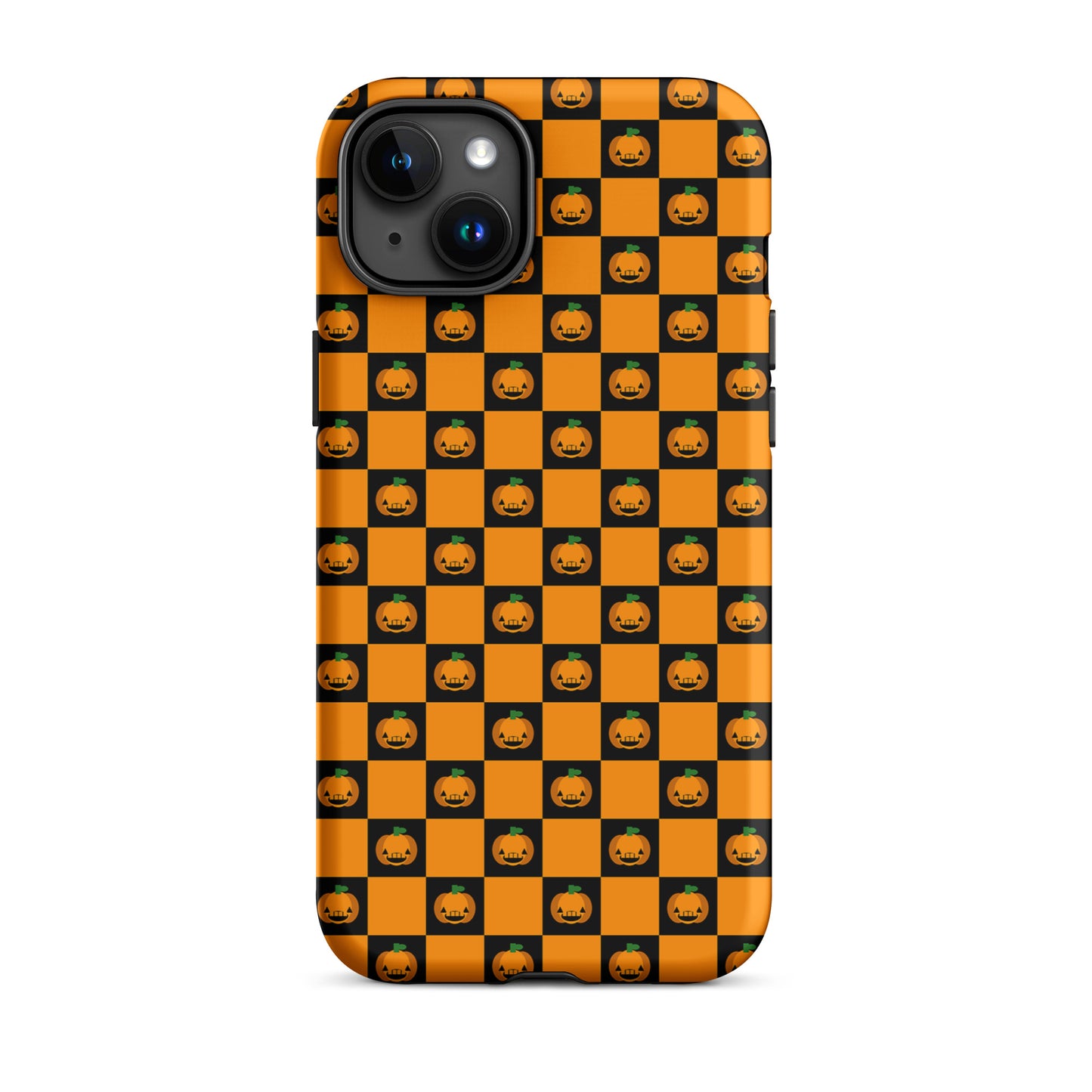 Phone Case with orange and black checkered pattern featuring jack-o’-lanterns for a playful Halloween design.