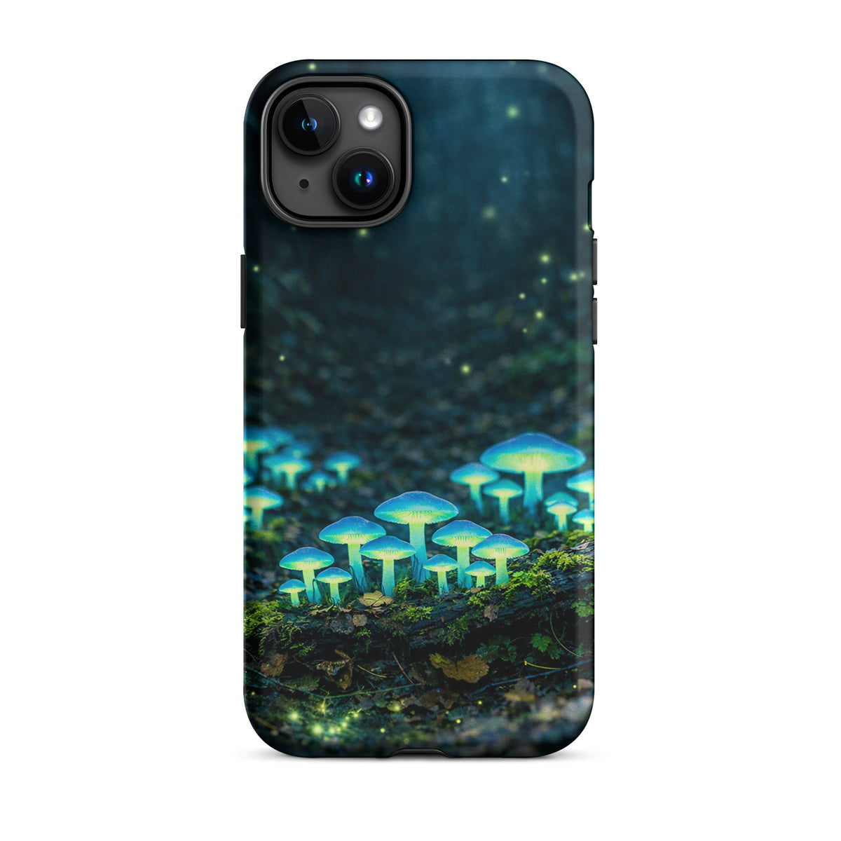 Phone Case featuring glowing forest mushrooms with a bioluminescent blue-green glow, ideal for iPhone lovers seeking a magical design.