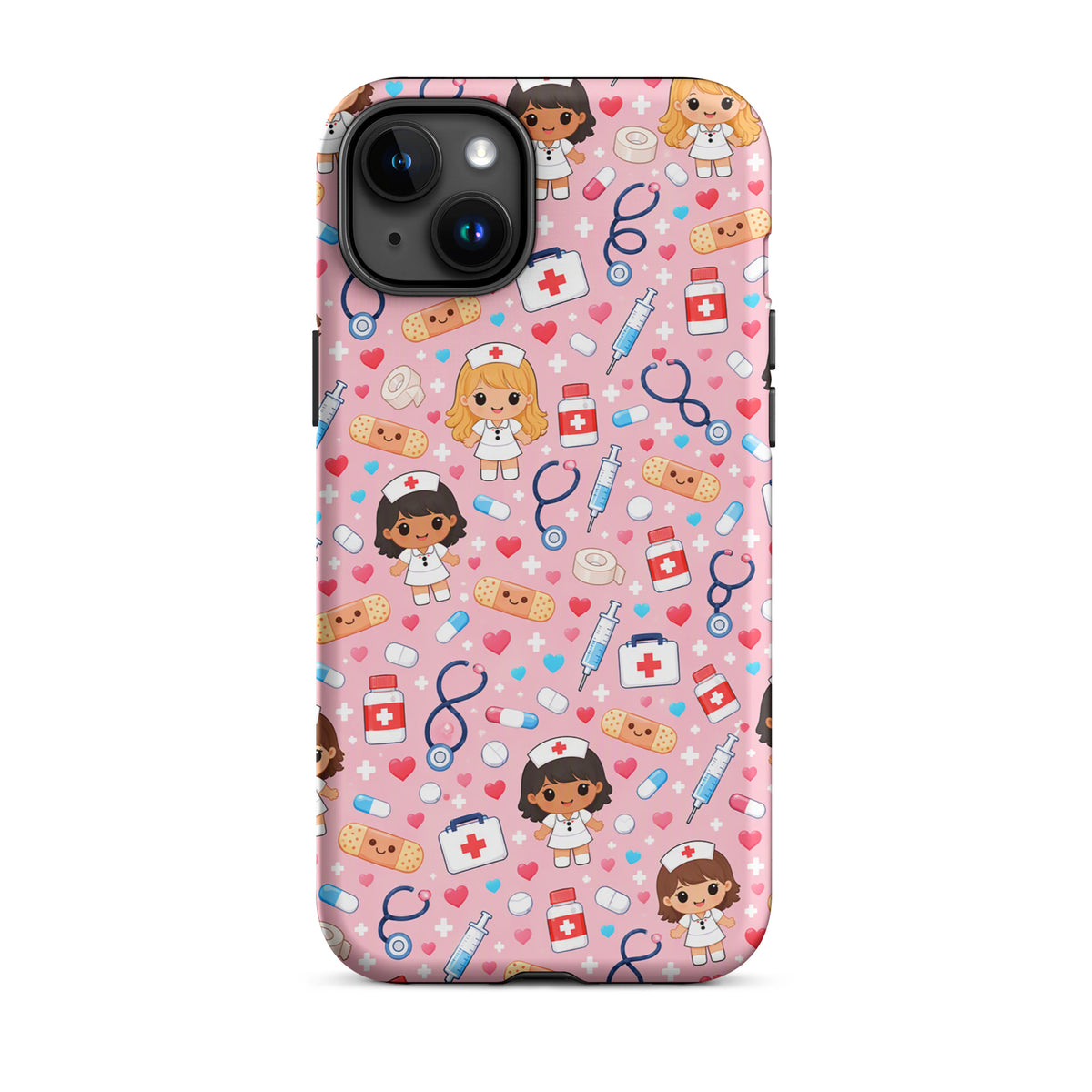 Phone Case for iPhone with cute kawaii nurse medical pattern on pink background