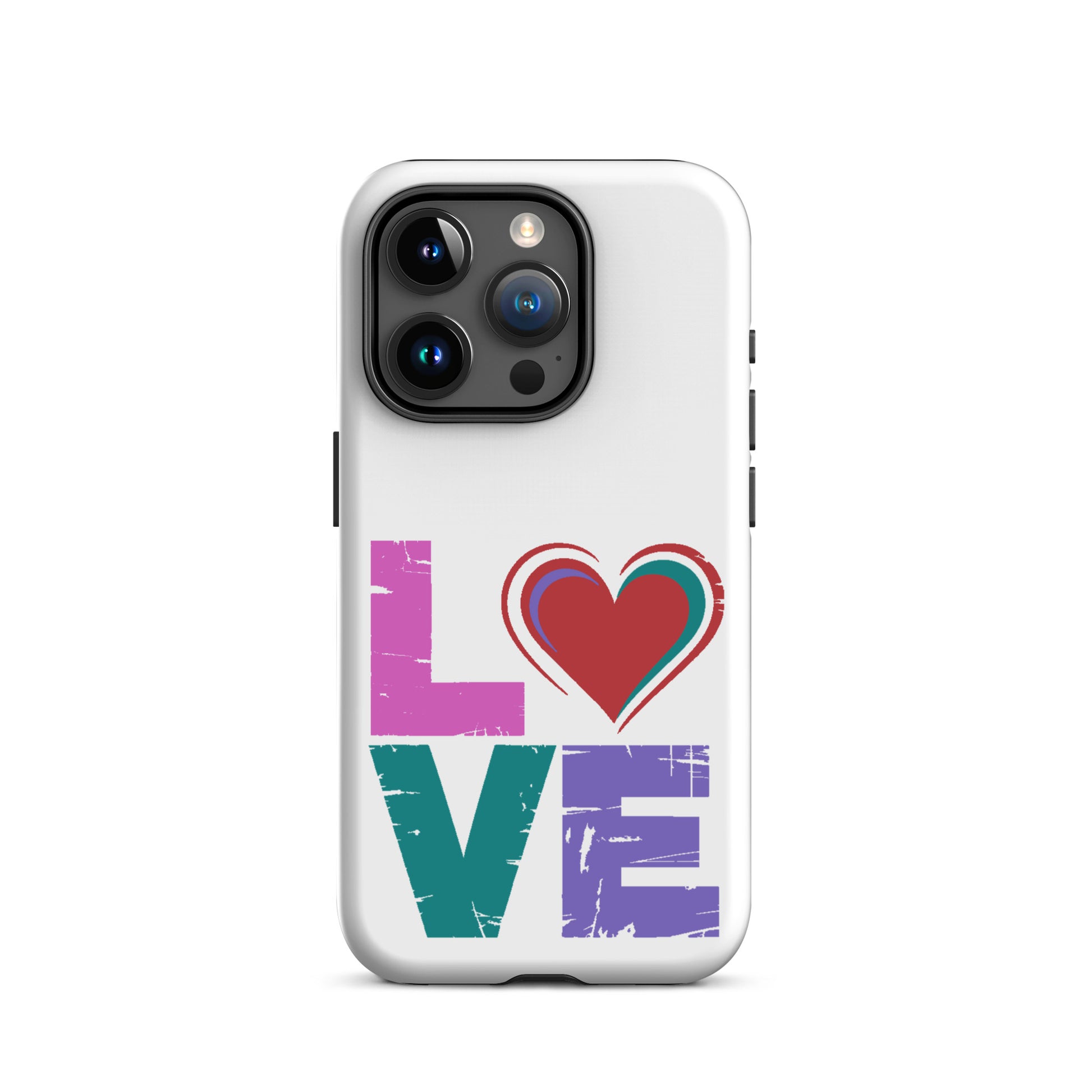 Love Tough Dual Layerd Case for iPhones featuring colorful 'LOVE' design with heart.