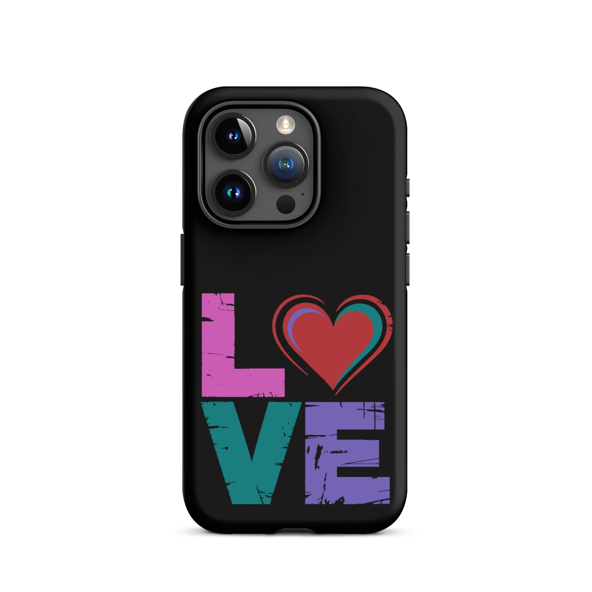 Love Tough Dual Layered Case for iPhones featuring a colorful 'LOVE' design with a heart.