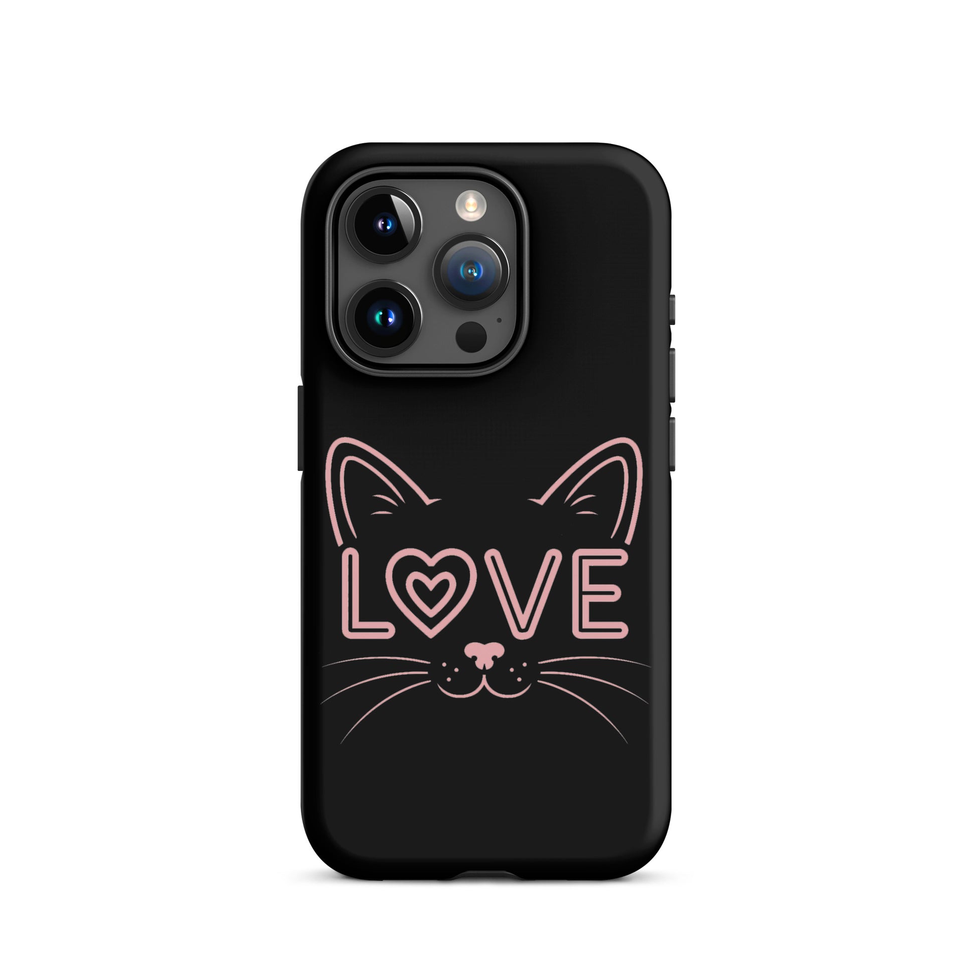 Cat Love phone case design featuring minimalist cat face and the word 'LOVE' in place of an eye.