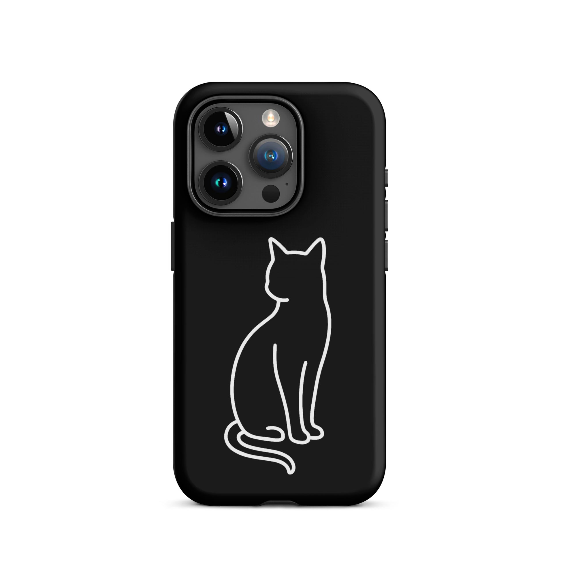 Phone Case for iPhone featuring minimalist sitting cat design on a black background.