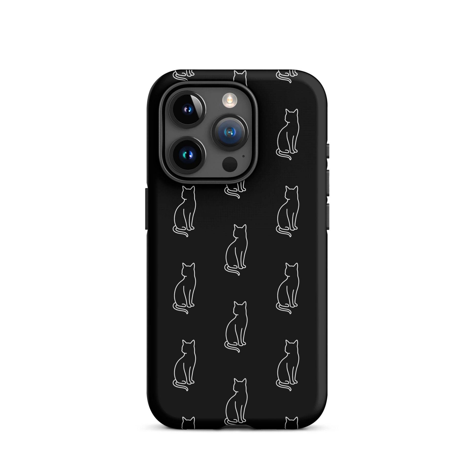 Phone Case featuring minimalist sitting cat pattern on a sleek black background, perfect for feline fans.