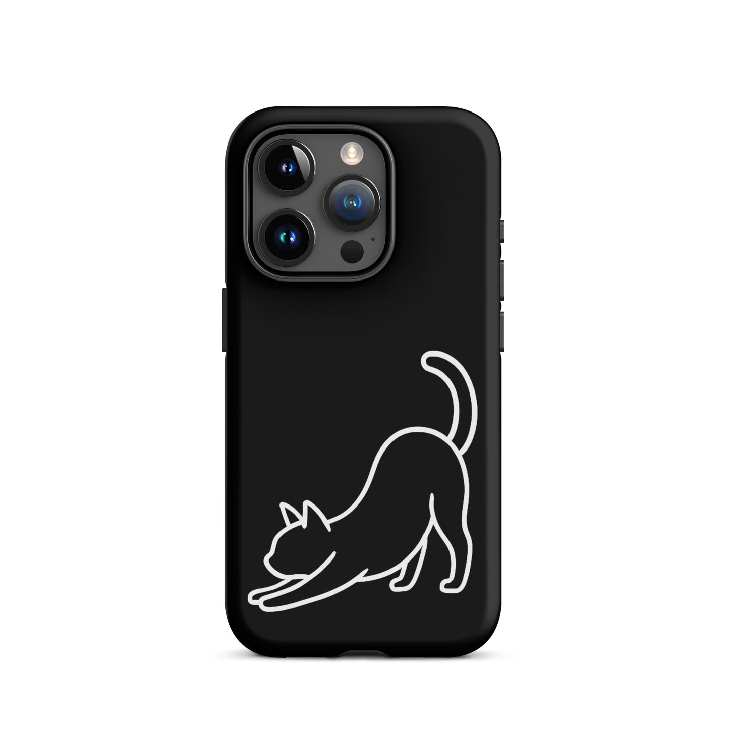 Phone Case featuring a minimalist white stretching cat design on a sleek black background.