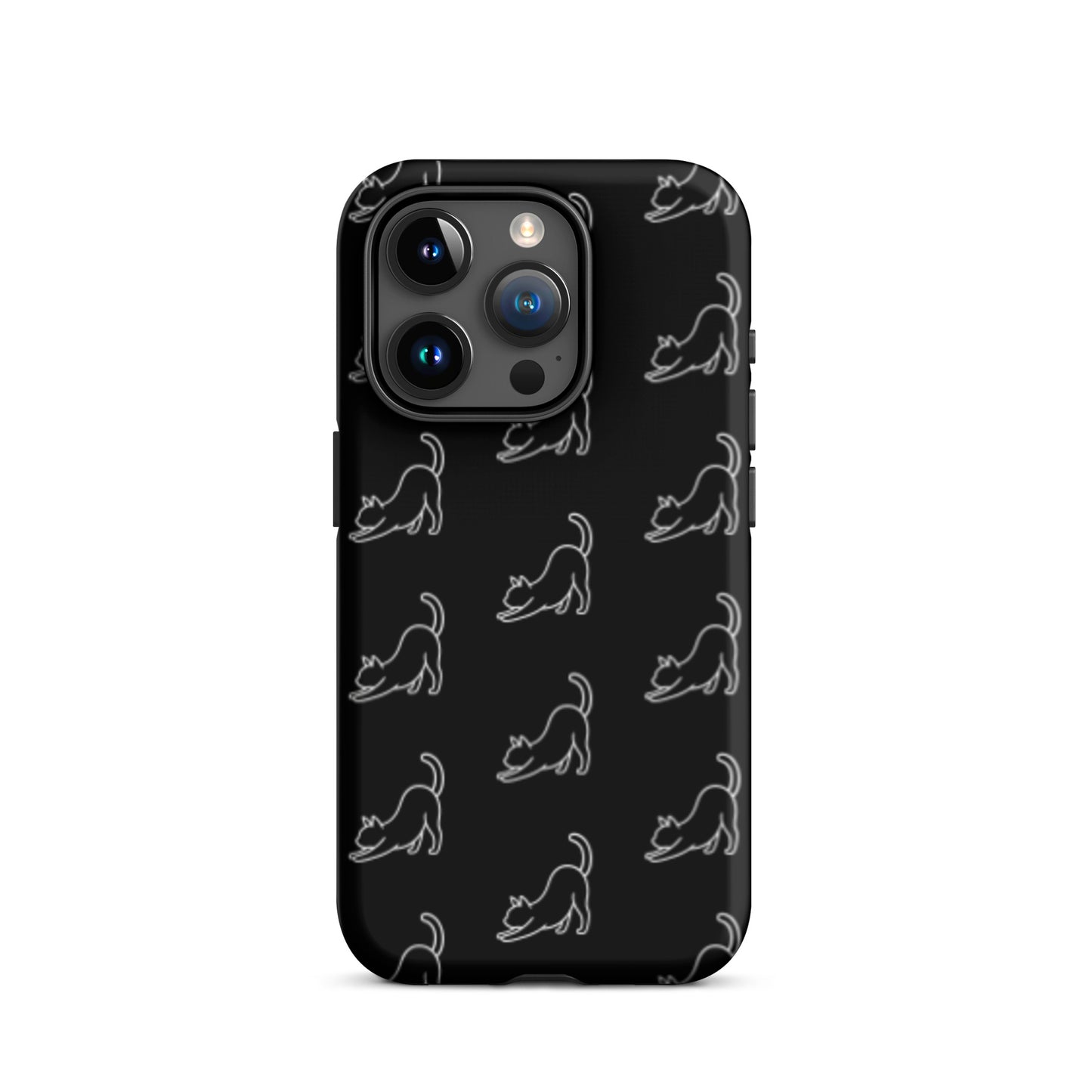 Phone Case featuring a minimalist stretching cat pattern on a black background for iPhone.