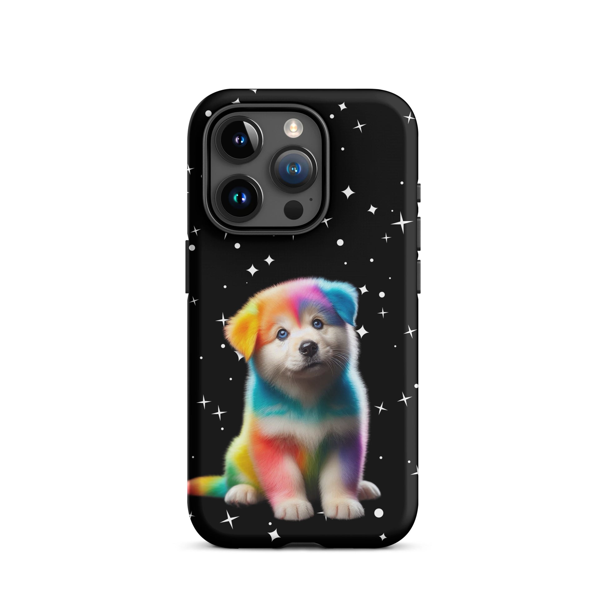 Phone Case featuring a colorful rainbow puppy against a starry night background.