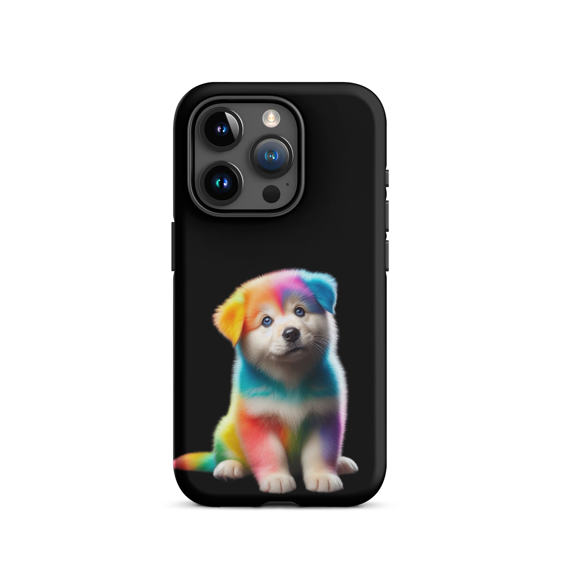 Phone Case for iPhone featuring vibrant rainbow puppy design on a black background.