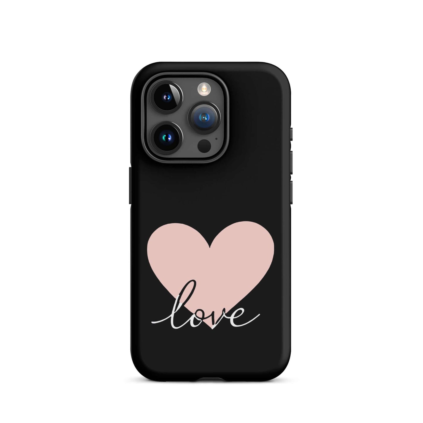 Phone Case for iPhone featuring a pink heart and script love design on a black background.