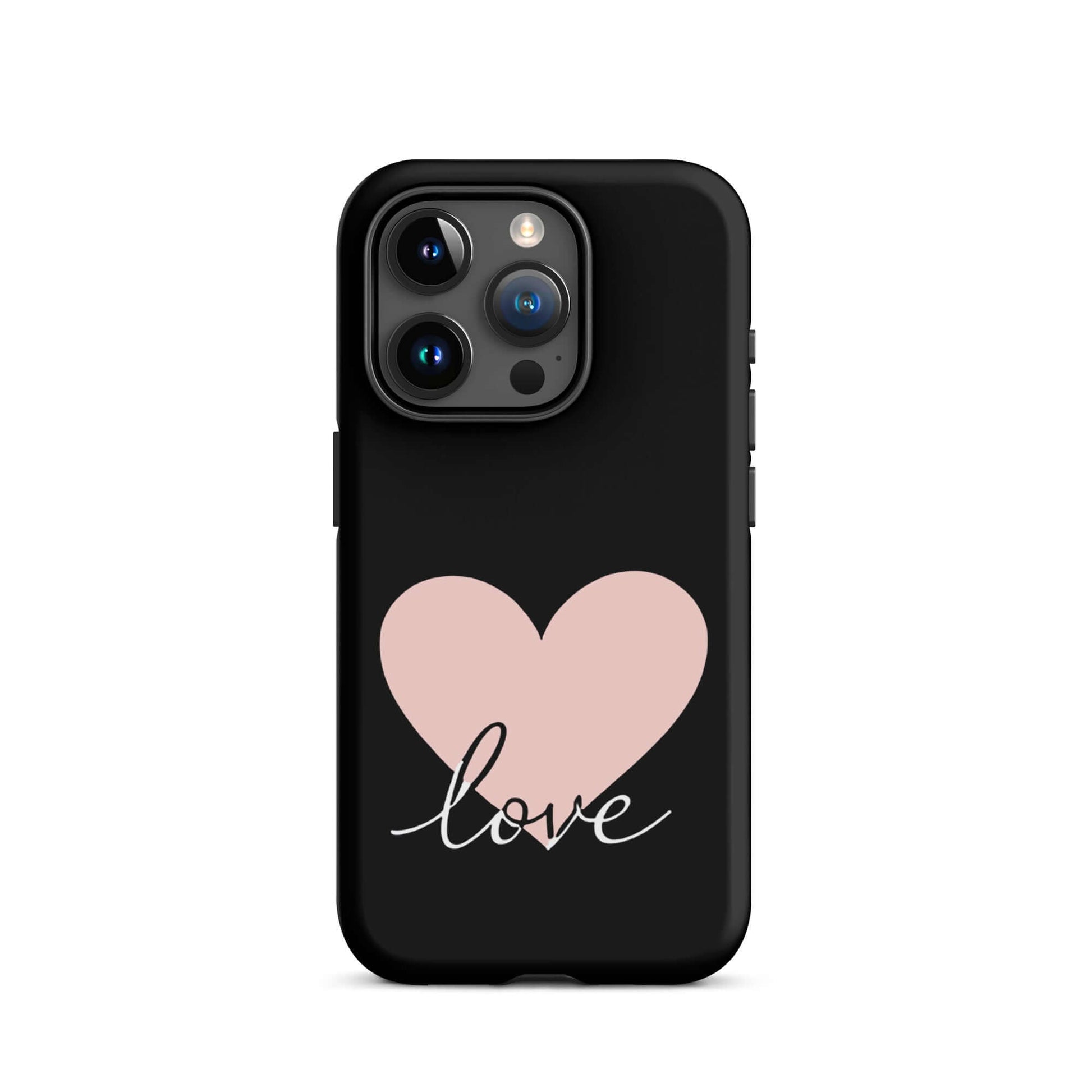 Phone Case for iPhone featuring a pink heart and script love design on a black background.