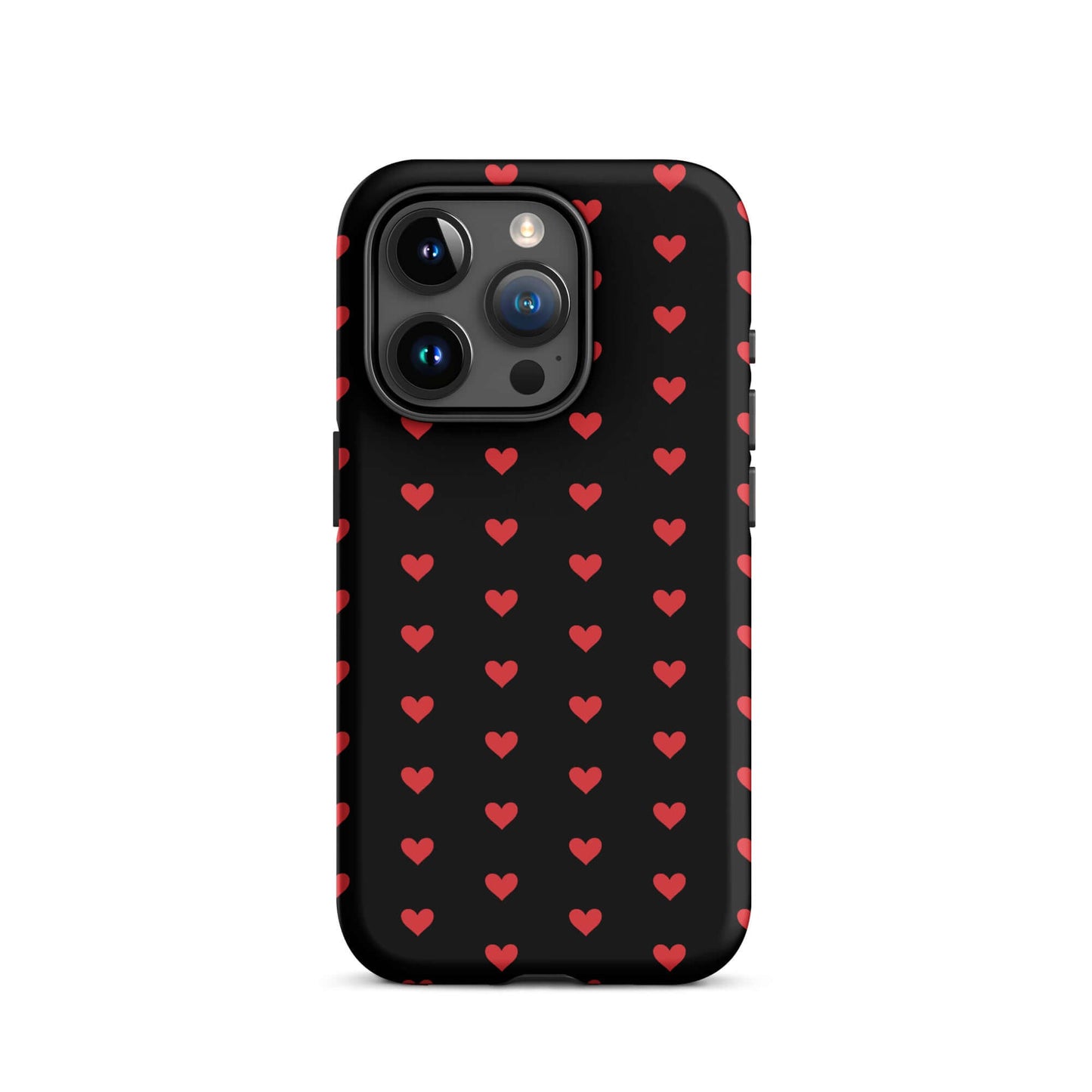 Phone Case for iPhone featuring fiery red hearts on a black background, combining bold design with protection.
