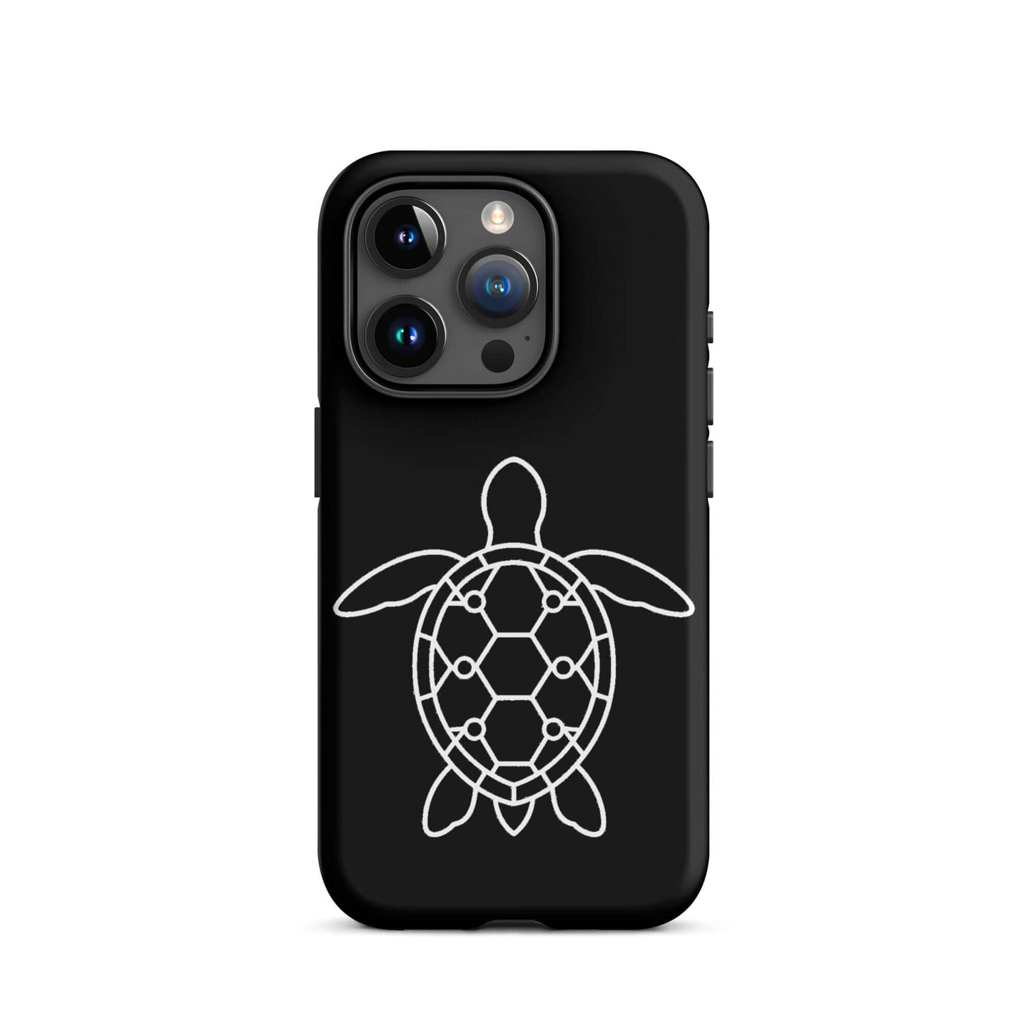 Phone case featuring a minimalist sea turtle silhouette and geometric shell pattern in white.