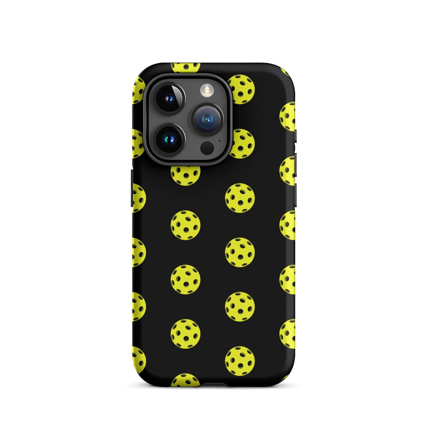 Phone Case for iPhone featuring a playful pickleball pattern on a black background.