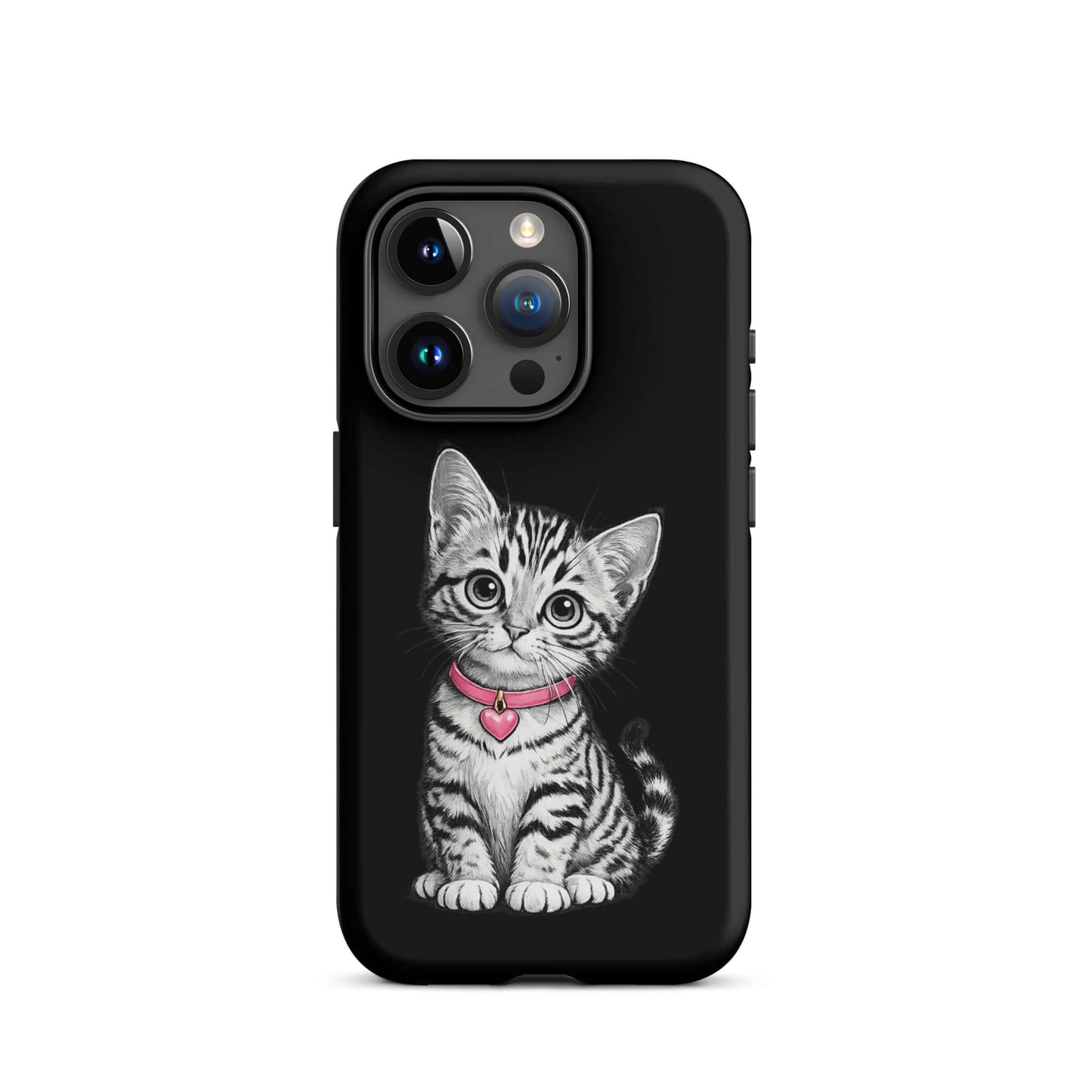 Phone Case for iPhone featuring pencil sketch kitten with pink heart charm