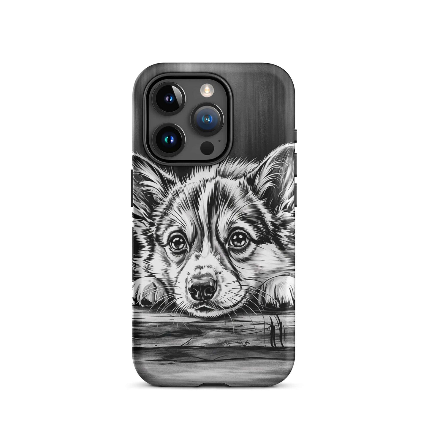 Phone Case for iPhone with elegant monochrome puppy art, premium protection, featuring a detailed puppy illustration on aged wood background.