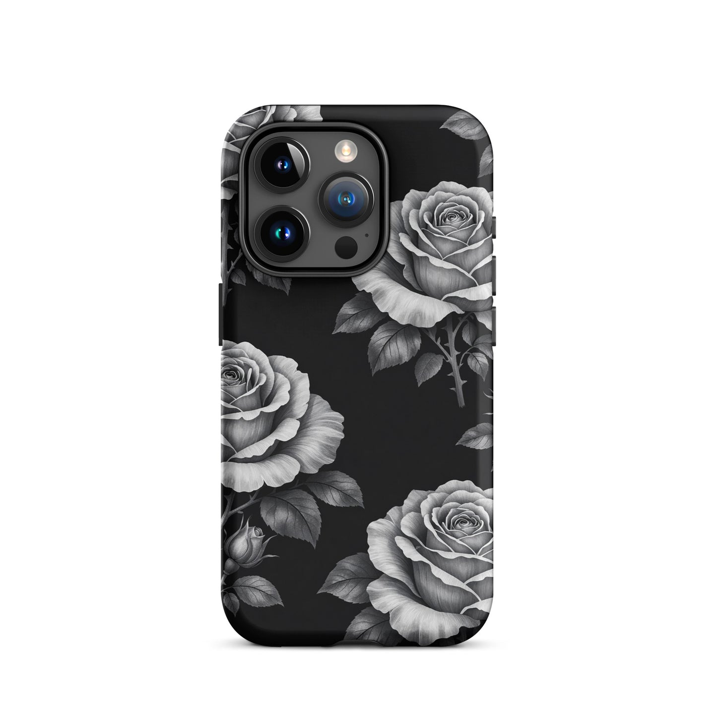 Phone Case for iPhone: Rose Garden Tough Case with black background and hand-sketched roses.