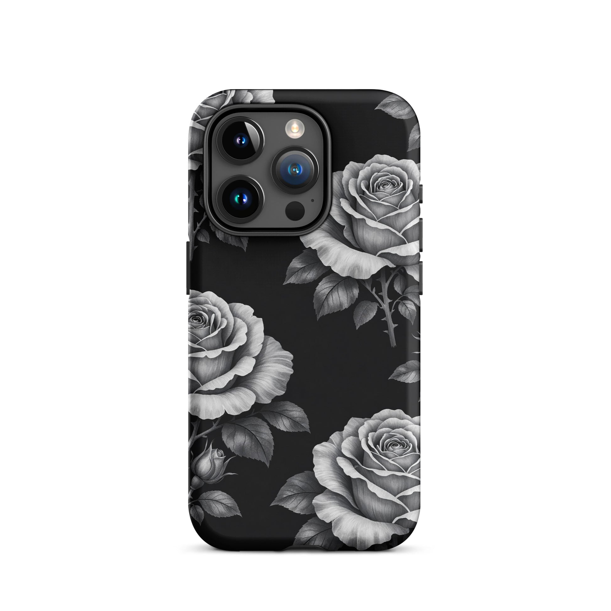 Phone Case for iPhone: Rose Garden Tough Case with black background and hand-sketched roses.