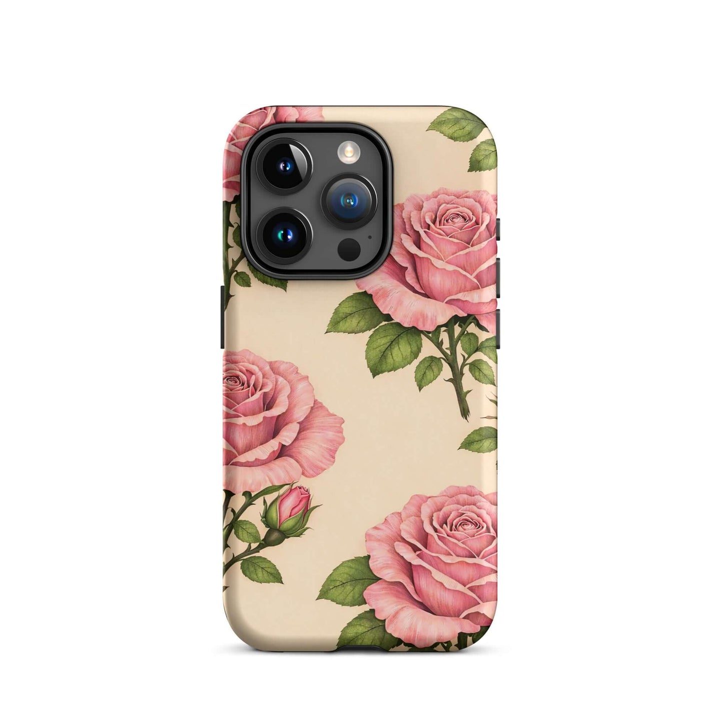 Phone Case for iPhone with pink roses and cream background, elegant floral design.