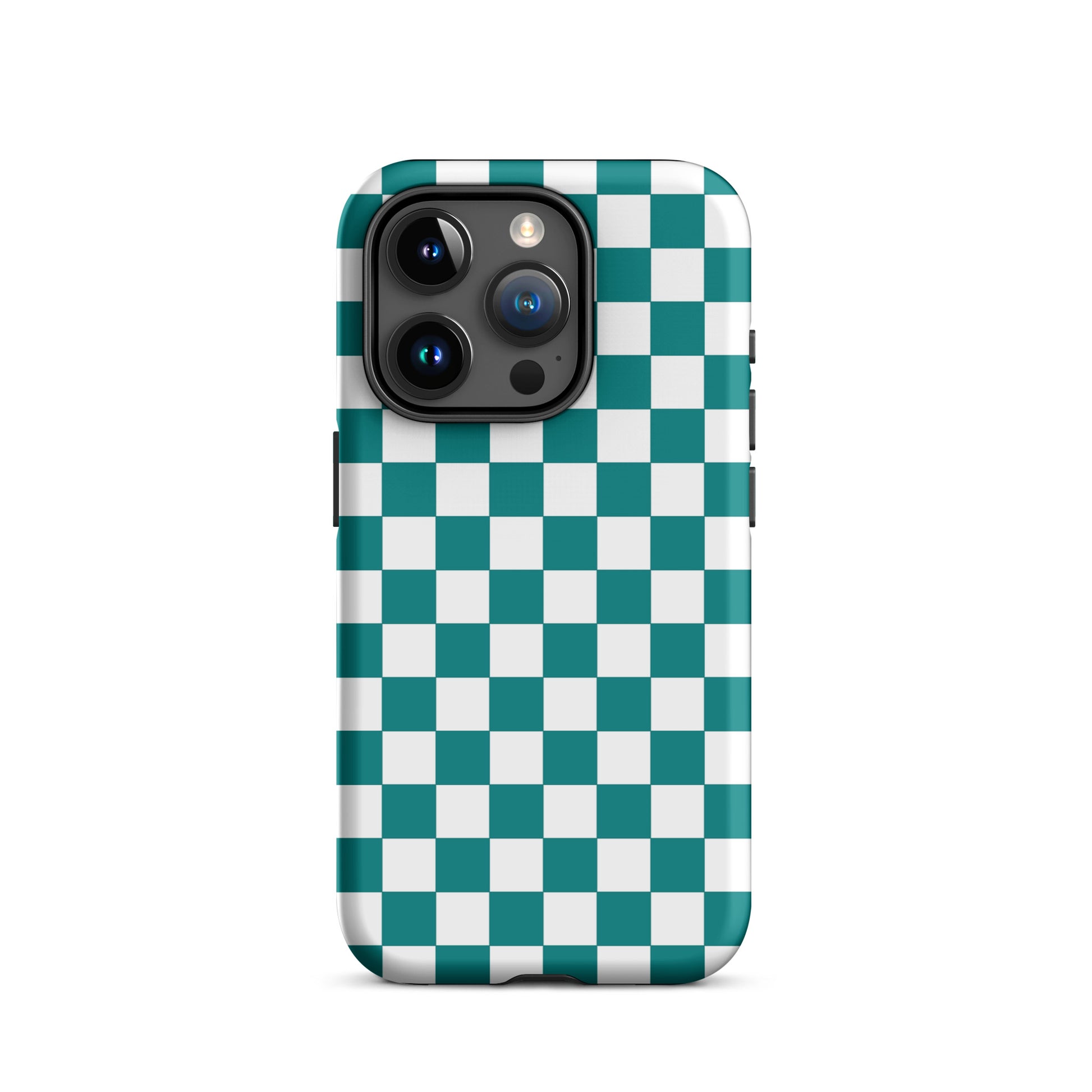 Phone Case for iPhone in teal and white checkered design, adding fun and personality to your device with a bold pattern.