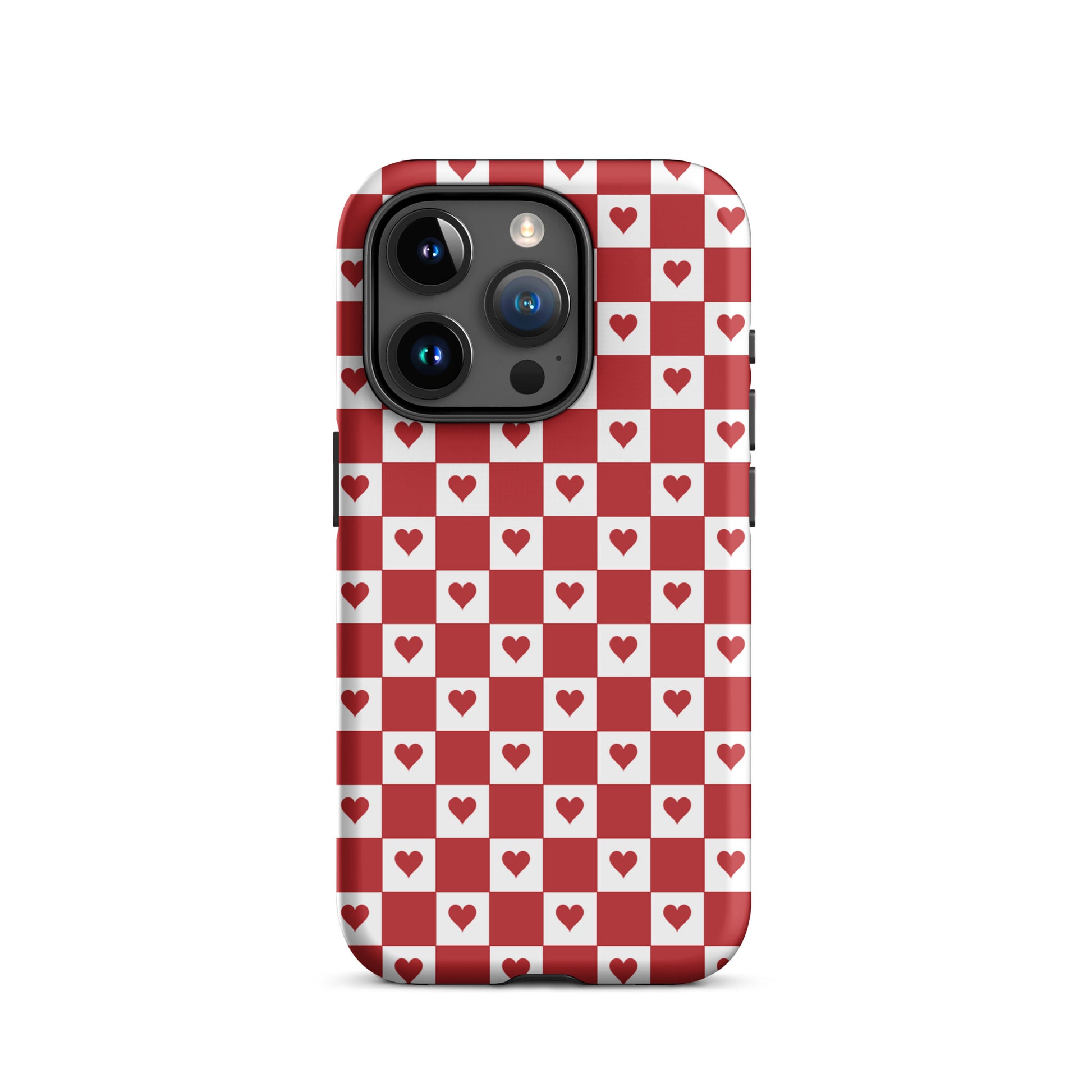 Phone Case with cute red heart checkered design for iPhone, playful and modern protective accessory.