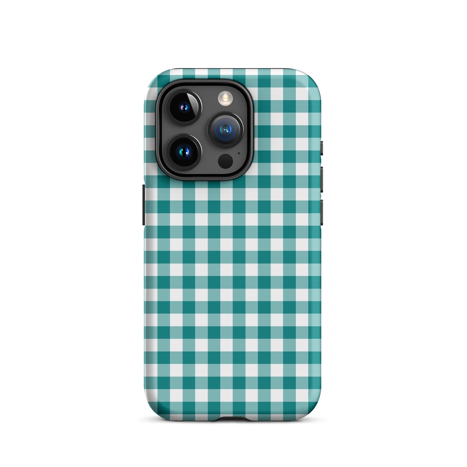 Phone Case with teal and white gingham pattern for iPhone offering style and protection.