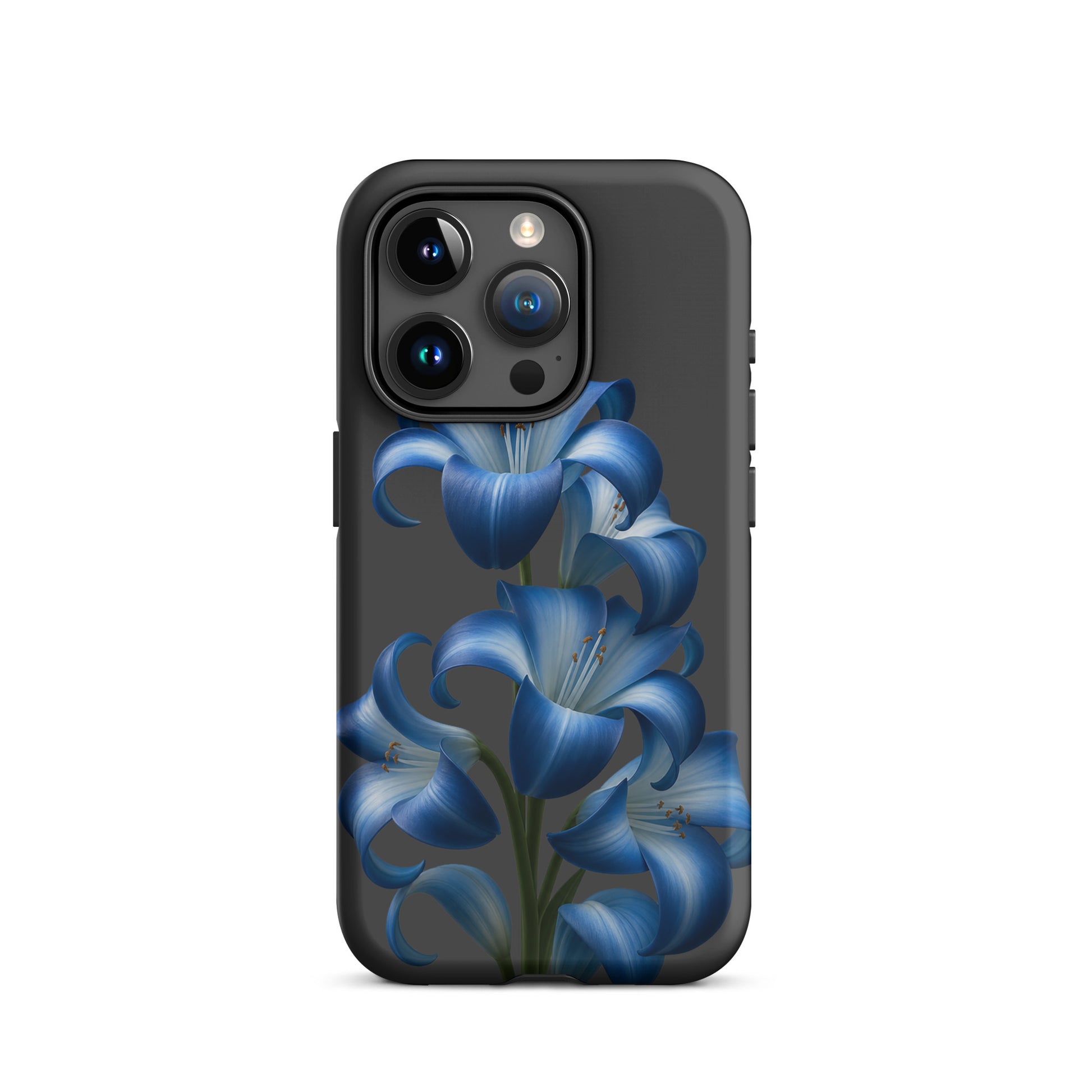 Phone Case for iPhone with blue lily art and tough finish.