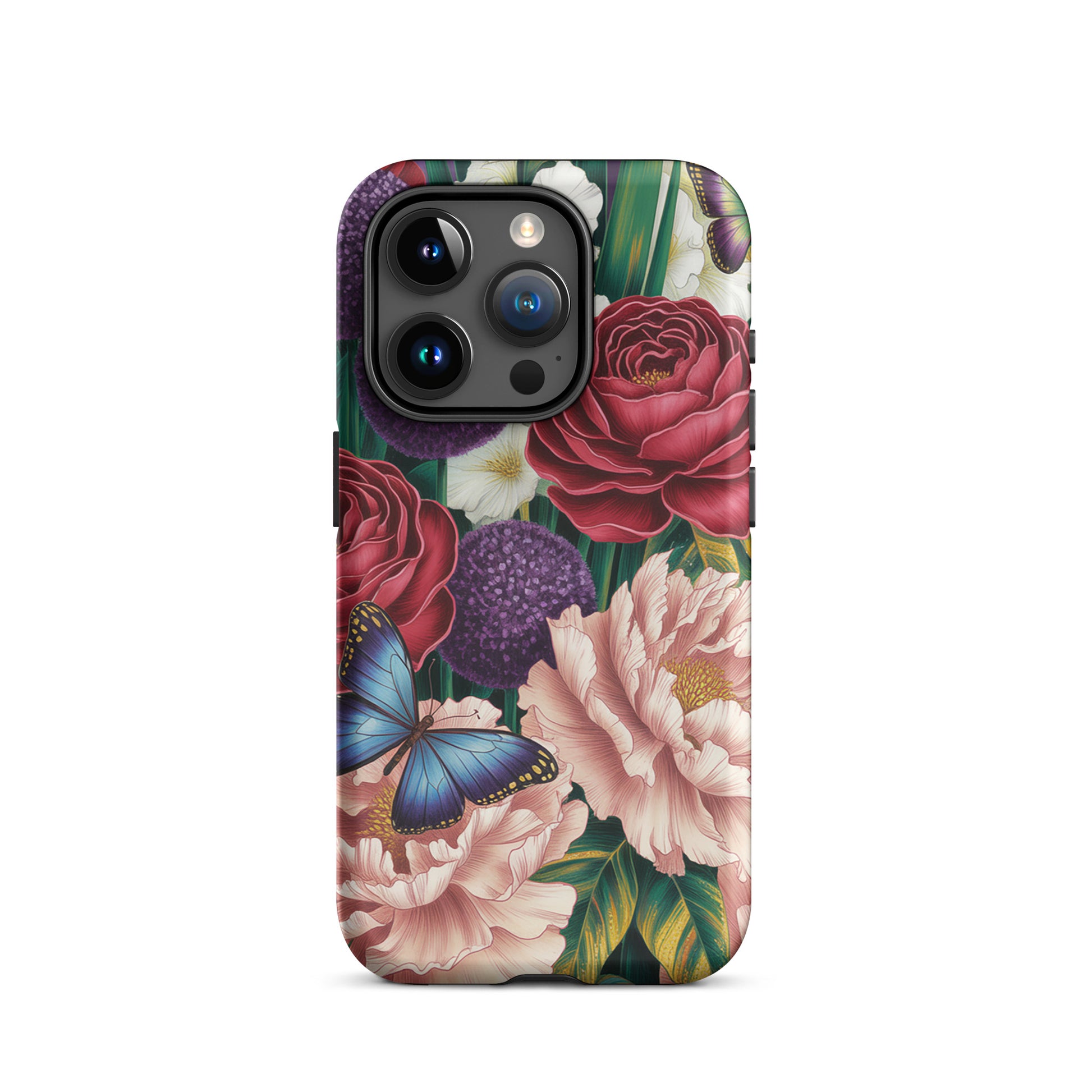 Phone Case for iPhone with vibrant floral design, featuring crimson roses, pink peonies, and blue butterflies.