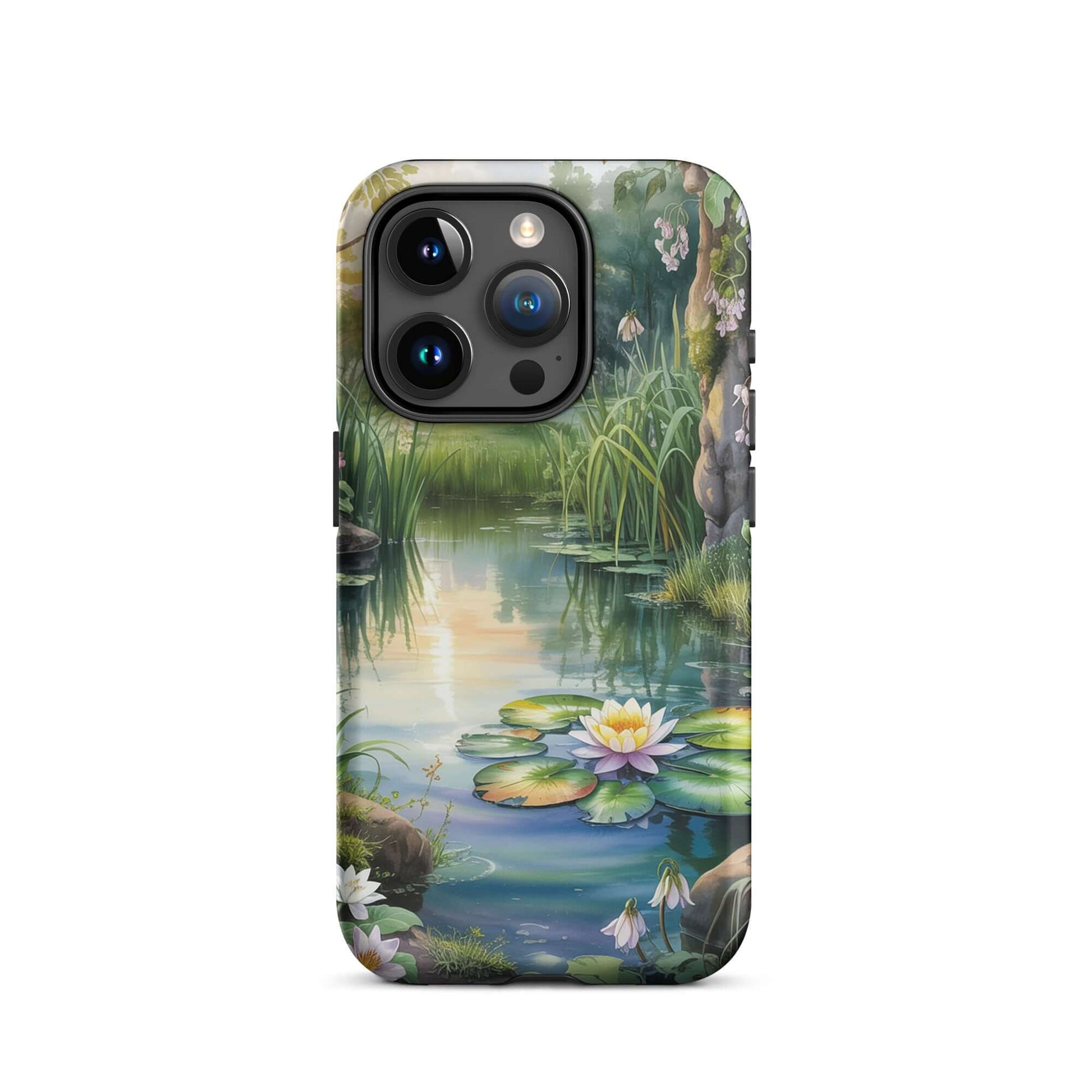 Phone Case for iPhone featuring enchanted pond design with lily pads and wildflowers, offering a storybook charm and peaceful escape.