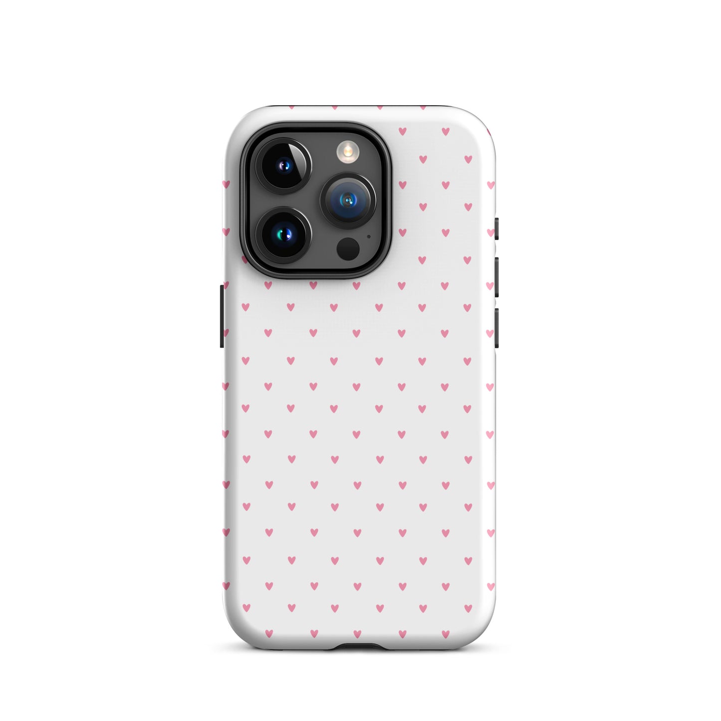 Phone Case for iPhone with heart-dot pattern, featuring playful pink hearts on a stylish, bold background.