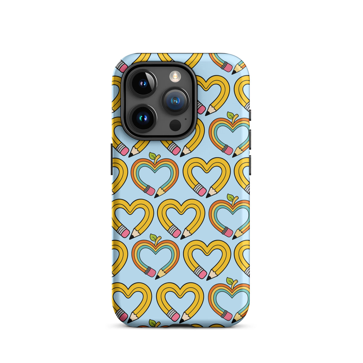 Phone Case with playful pencil-heart design featuring yellow and blue heart patterns with leaves, suitable for back-to-school charm.