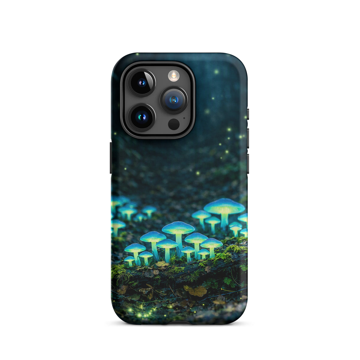 Phone Case with glowing forest mushrooms design for iPhone, featuring bioluminescent blue-green mushrooms creating a magical scenery.
