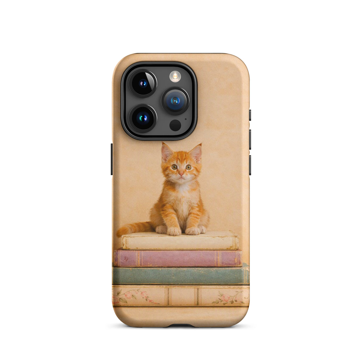 Phone Case for iPhone with cozy kitten and vintage books design, featuring an orange tabby kitten on pastel books, charming and protective.
