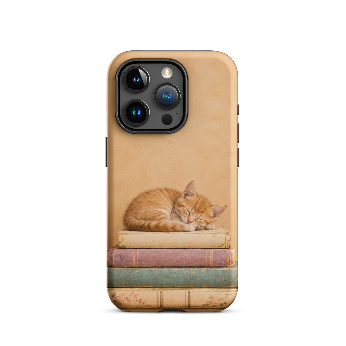Phone Case for iPhone with sleeping kitten on vintage books, featuring warm neutral colors and charming cat illustration.