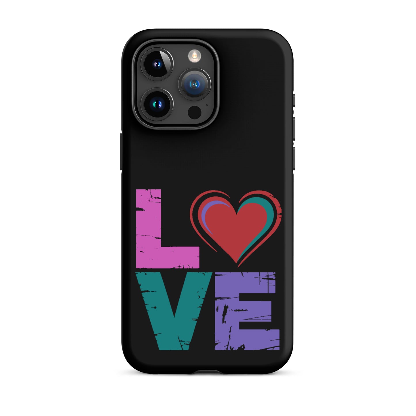 Love Tough Dual Layered Case for iPhones featuring a colorful 'LOVE' design with a heart.