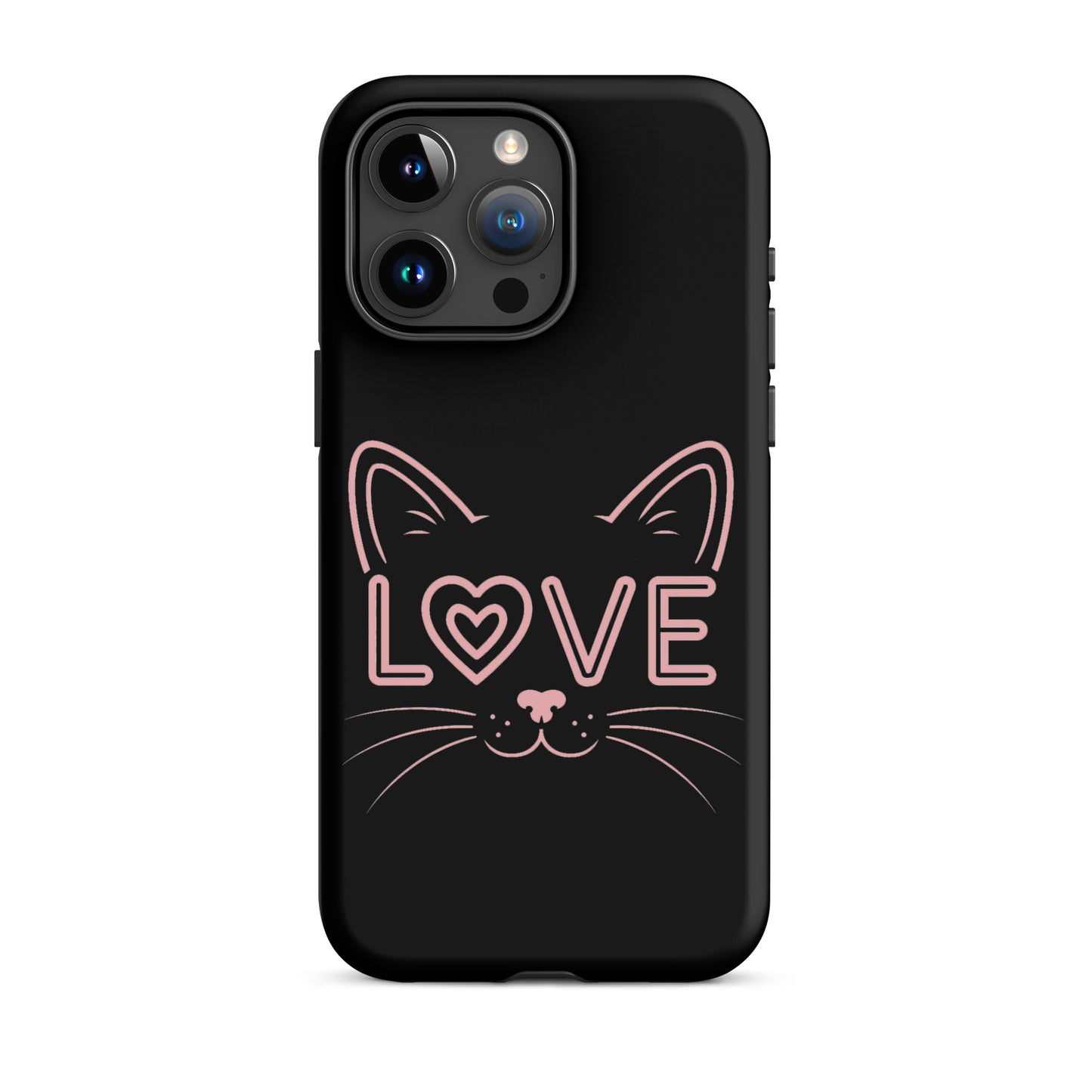 Cat Love phone case for iPhone featuring a minimalist cat face and the word 'love' in pink.