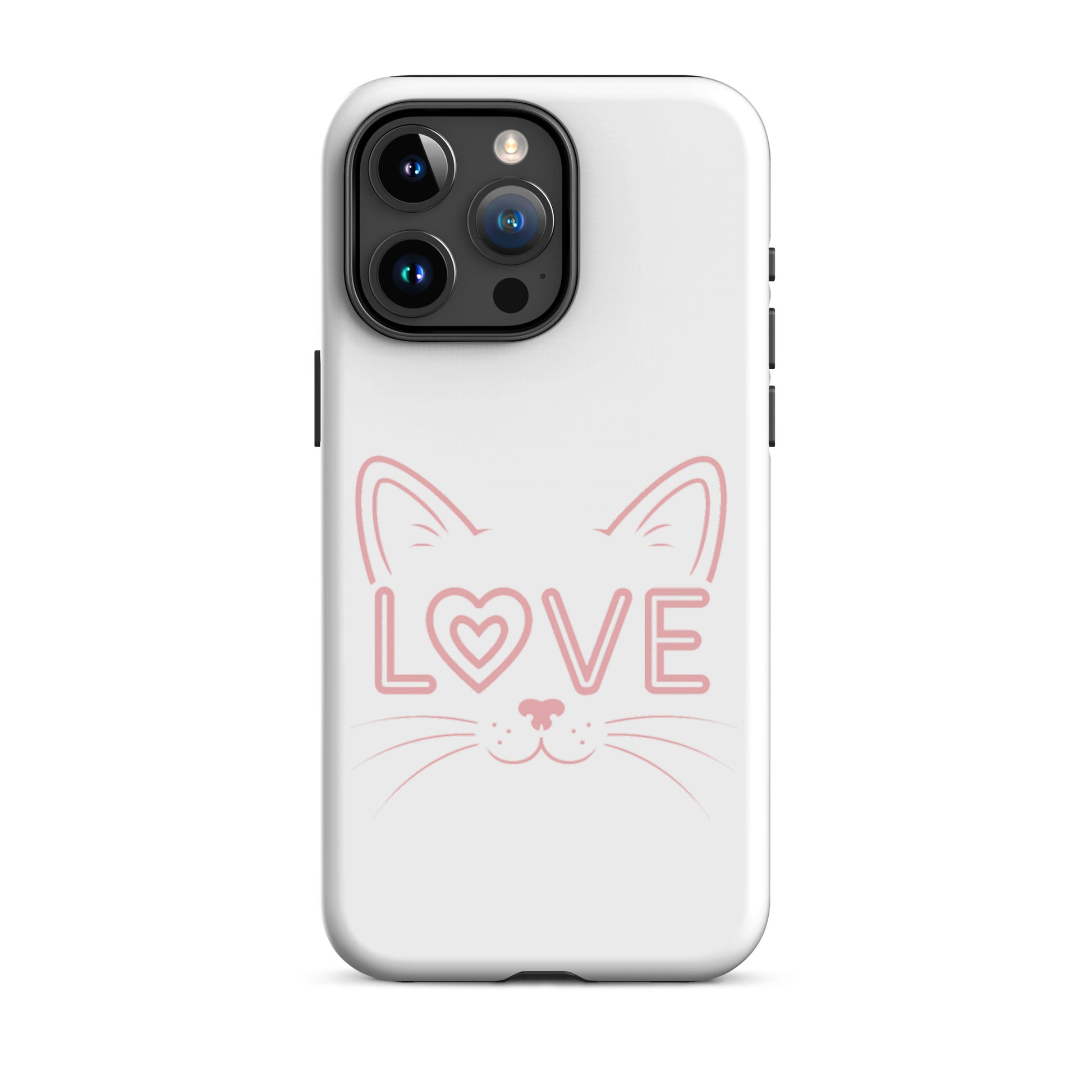 Cat Love iPhone case featuring minimalist cat face and heart-shaped eye design.