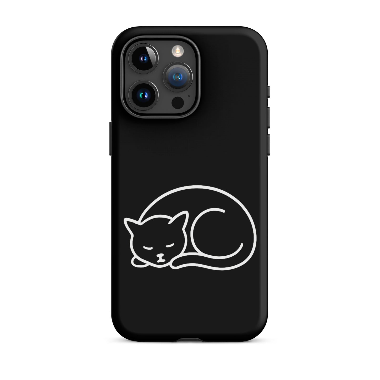 Phone case for iPhone featuring a minimalist curled-up cat design on a sleek black background.