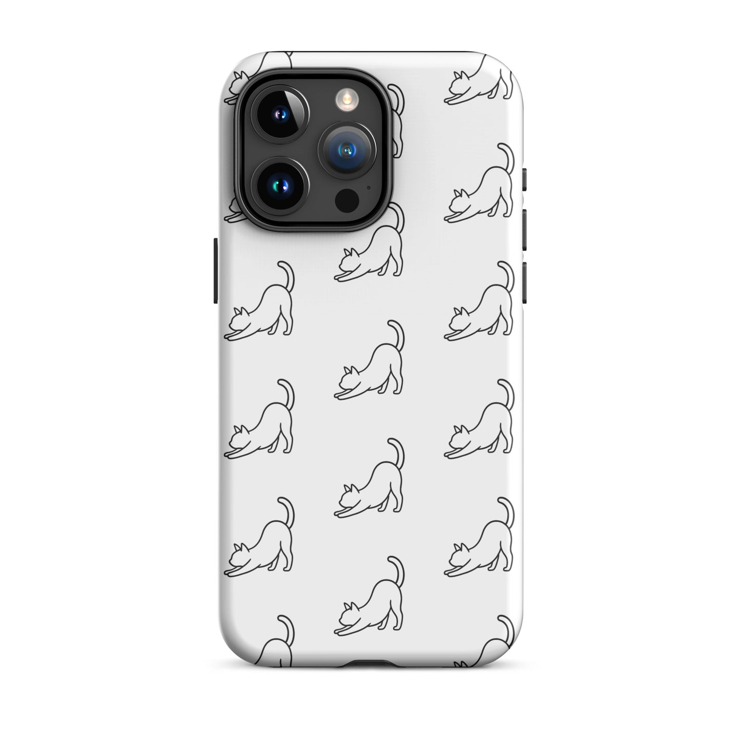 Phone Case featuring minimalist stretching cat pattern on a white background.