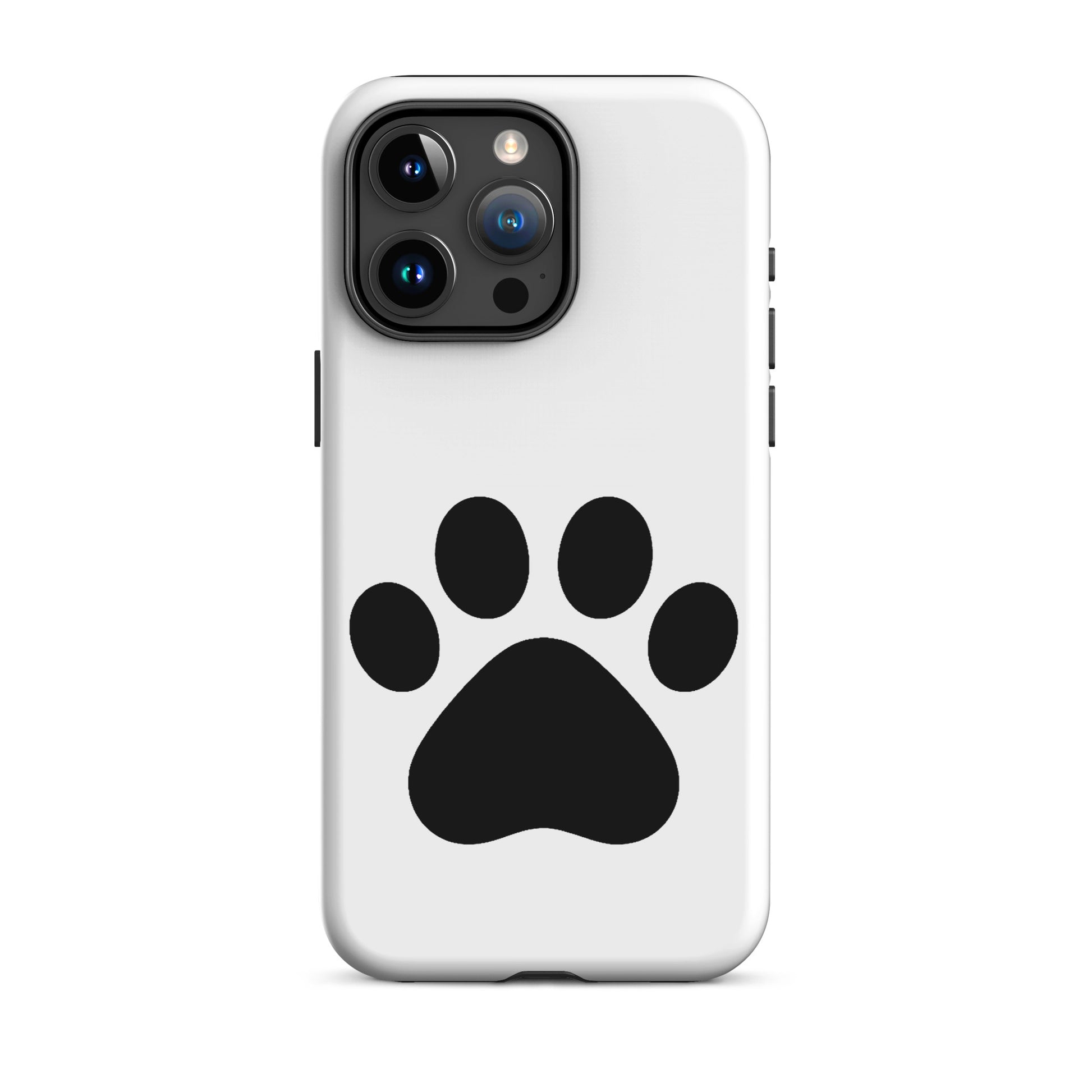Phone Case for iPhone featuring a minimalist black paw print design on a white background.