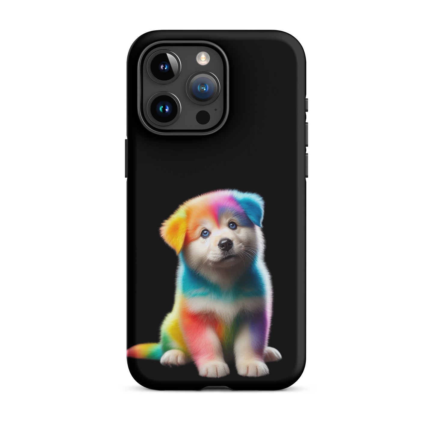 Phone Case featuring a rainbow puppy design on a dark background, combining playful art with device protection.