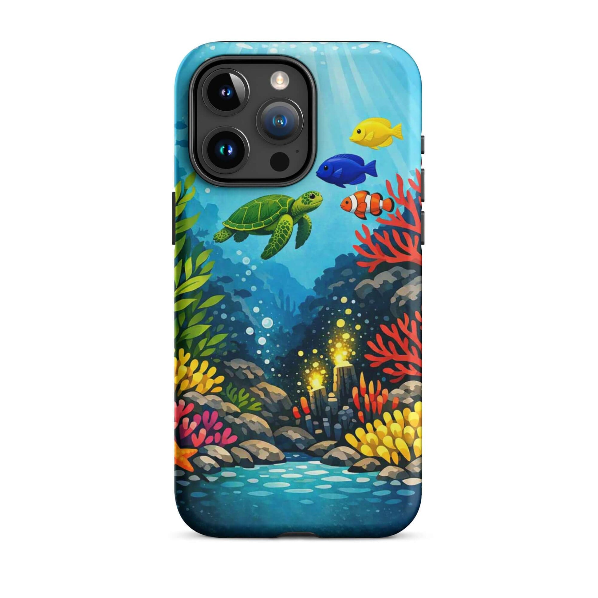 Phone case featuring vibrant sea turtle and coral reef design with colorful fish, perfect for ocean lovers.