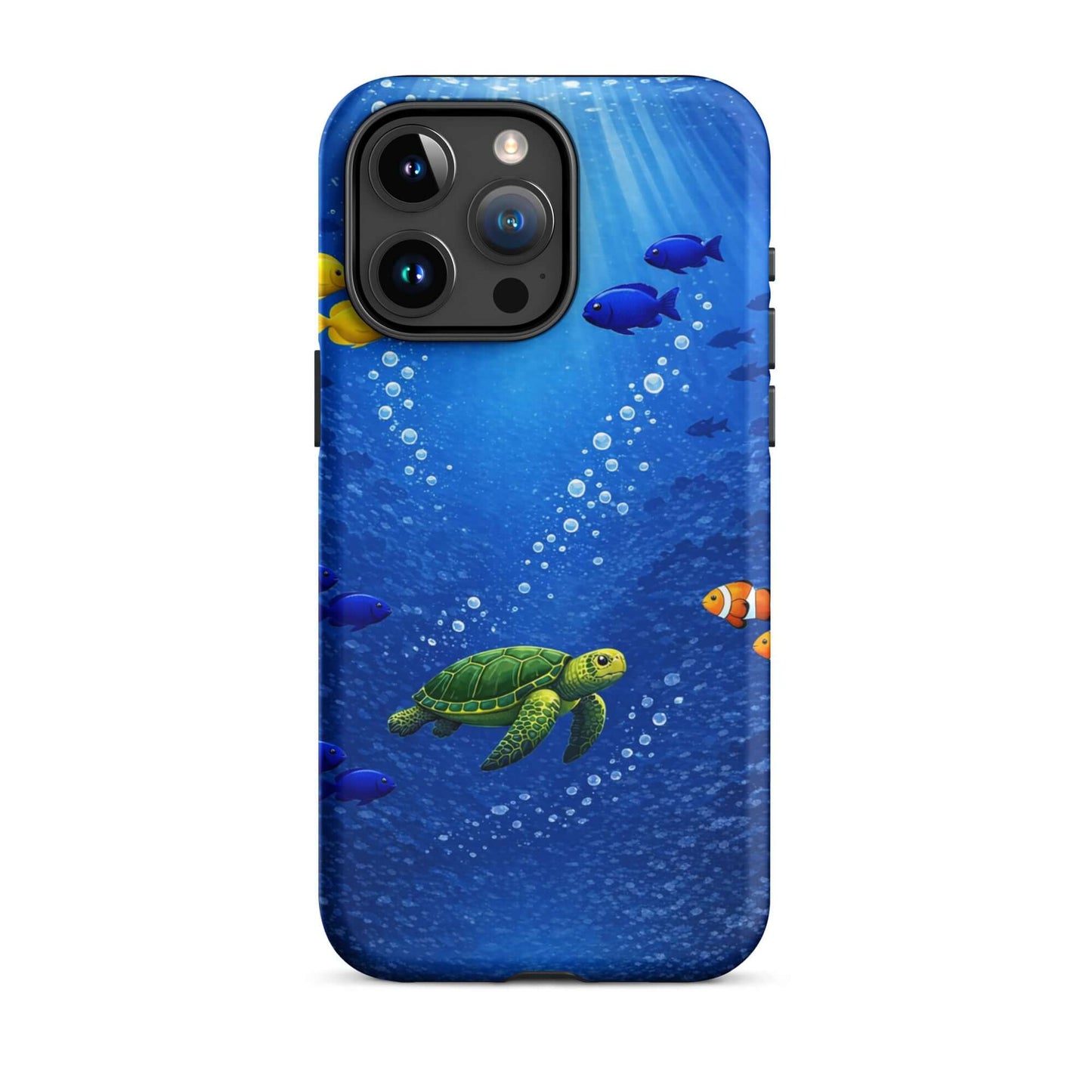 Phone Case featuring a vibrant sea turtle and tropical fish design in deep blue ocean.