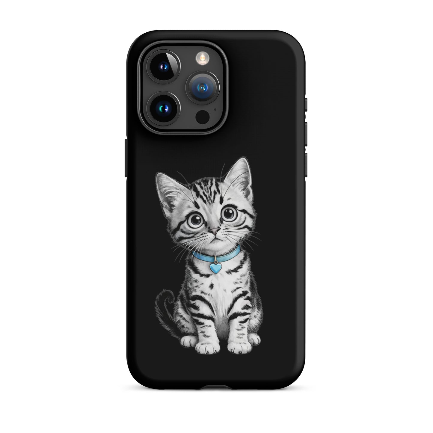 Phone Case for iPhone with kitten sketch and blue heart charm design, offering artful charm and premium protection.