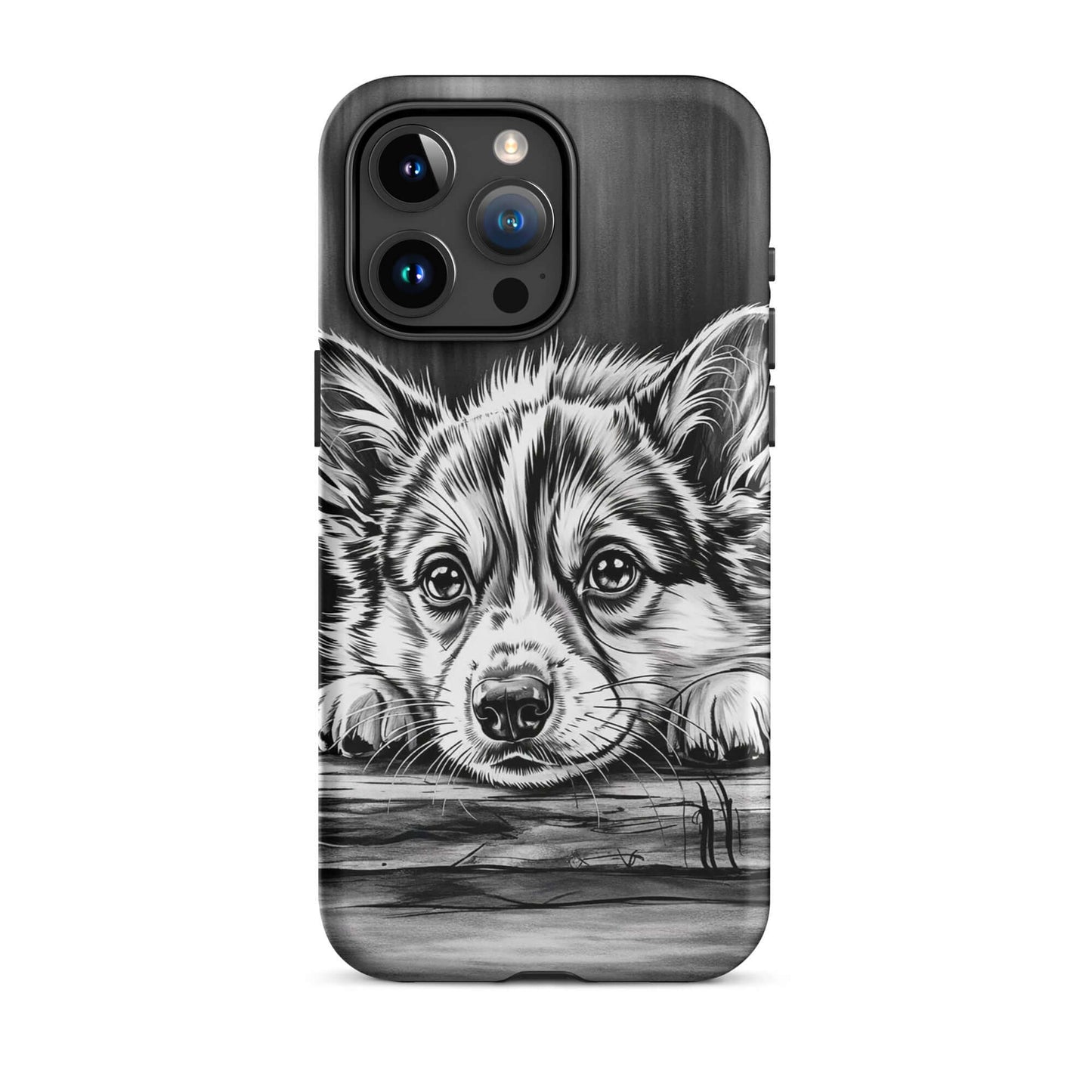 Phone Case featuring black and white puppy art on aged wood design for iPhone