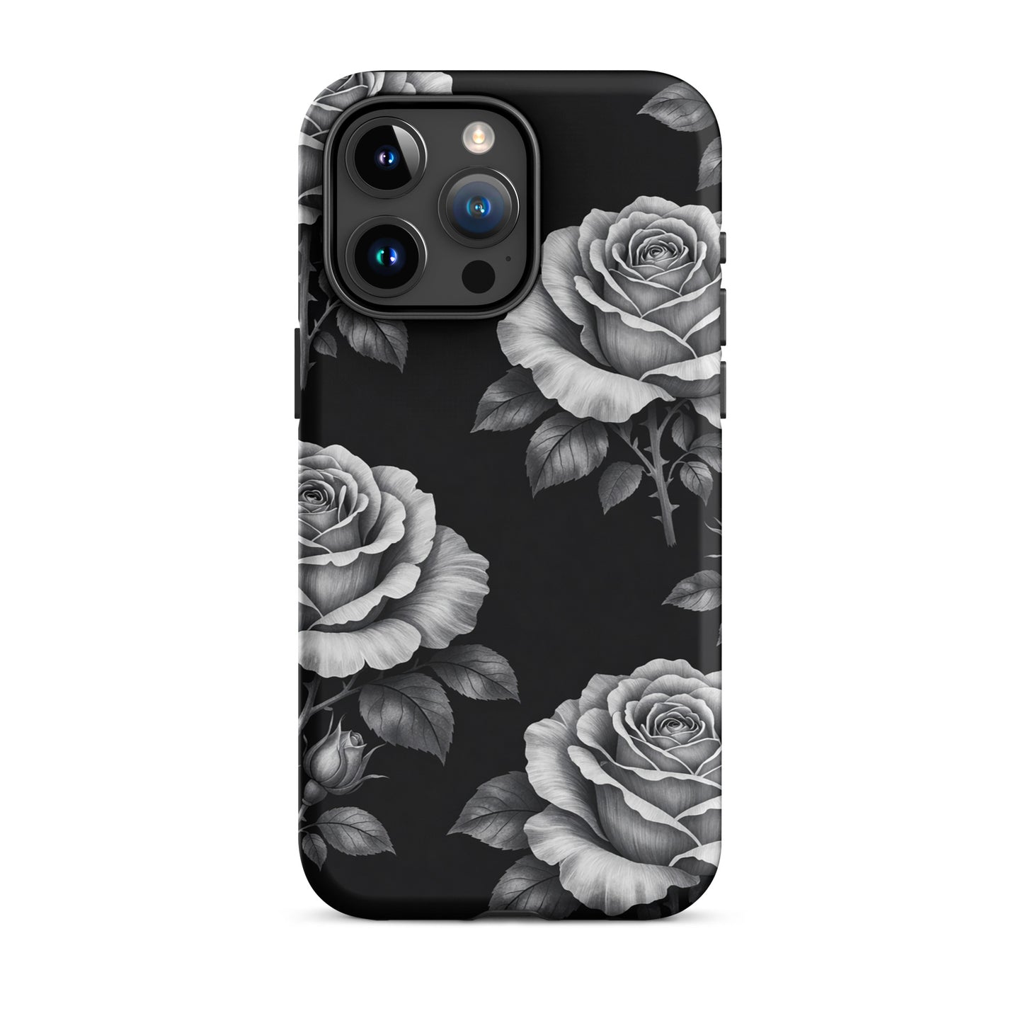 Phone Case for iPhone with rose garden design, featuring hand-sketched roses on a black background for elegant style.